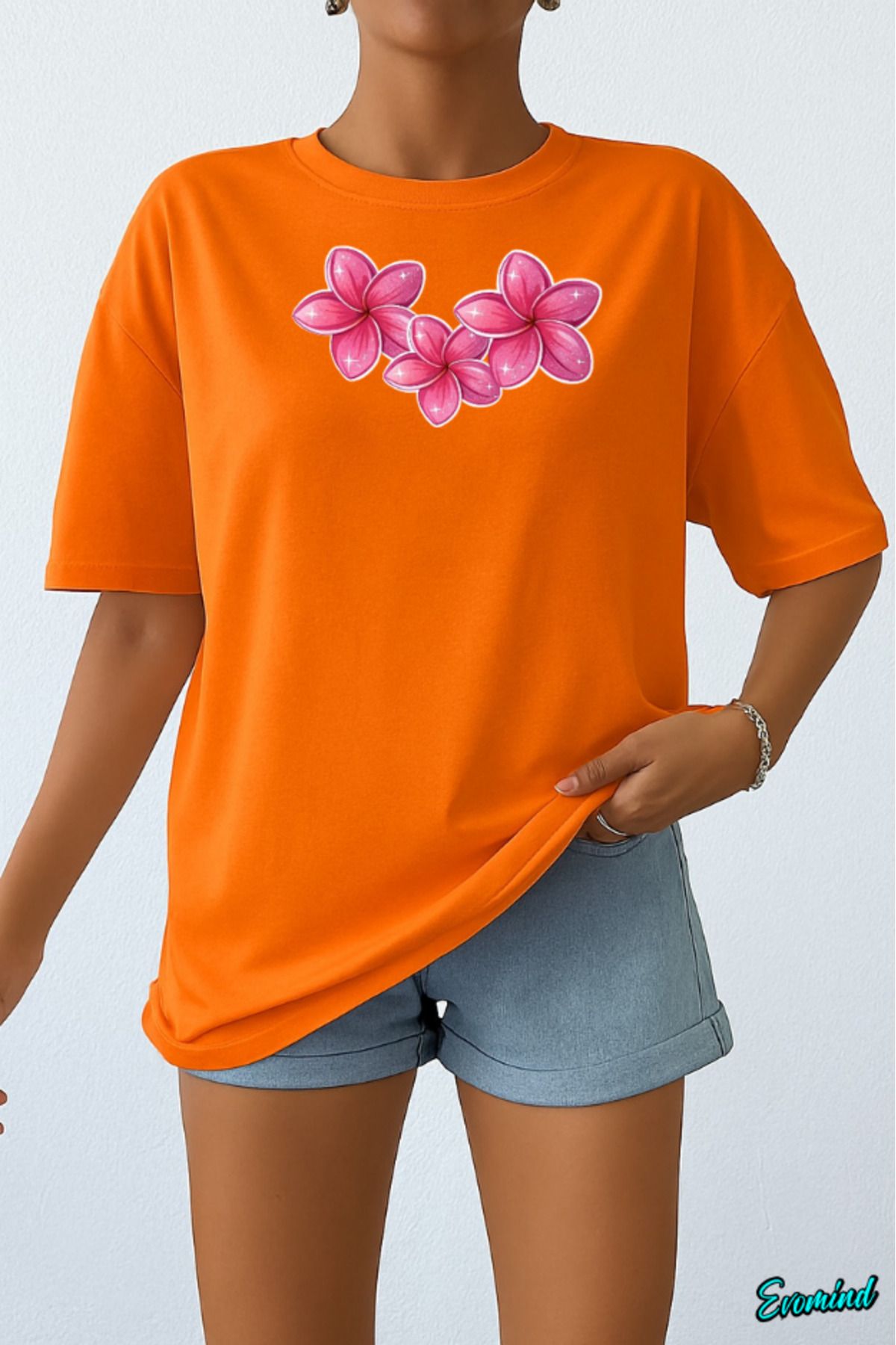 Evomind Pembe Çiçek Baskılı Unisex T-shirt