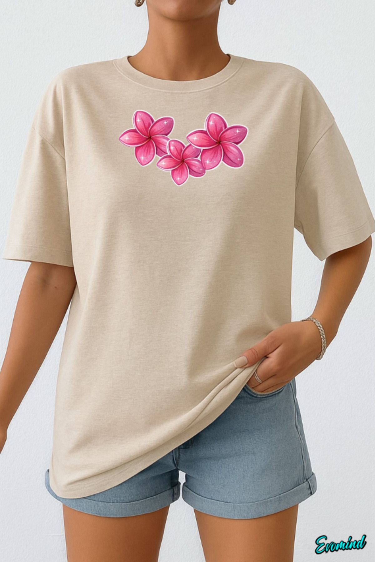 Evomind Pembe Çiçek Baskılı Unisex T-shirt