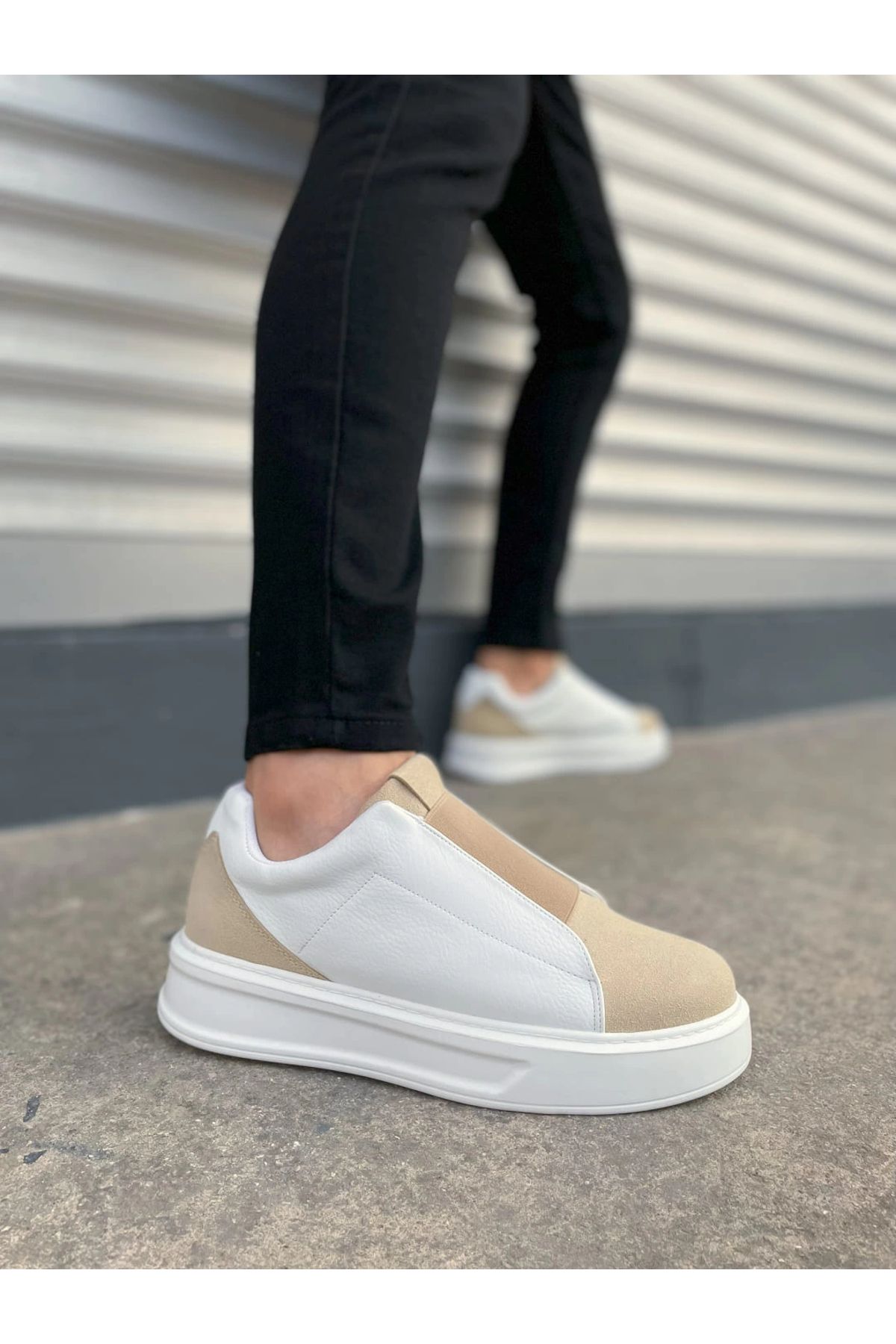 Joy Ayakkabı JY007 Alba Bağcıksız Süet Cilt Erkek Günlük Sneaker Ayakkabı SCBT Bej/Beyaz