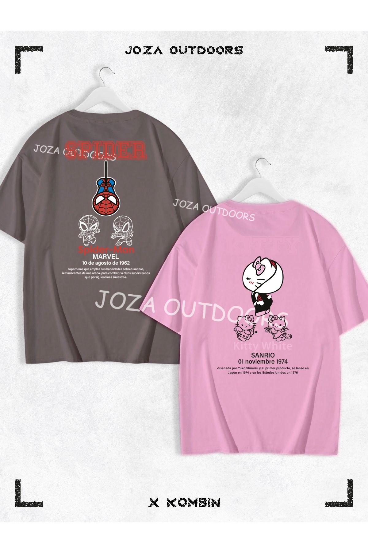 Jobia Outdoors Kadın Erkek Kitty Spider Yazılı SIRT Baskılı Sevgili Çift Kombini Oversize Tshirt 2'li Takım