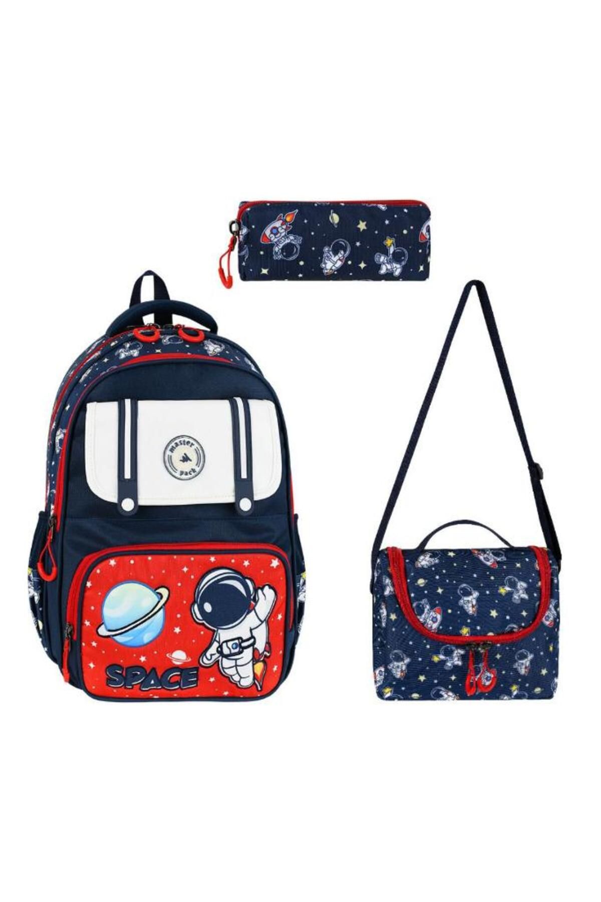 Baginn Erkek İlkokul Çantası 3'lü Set 42*30 Cm Beslenme Çantası Kalem Kutusu Ortopedik Uzay Nasa