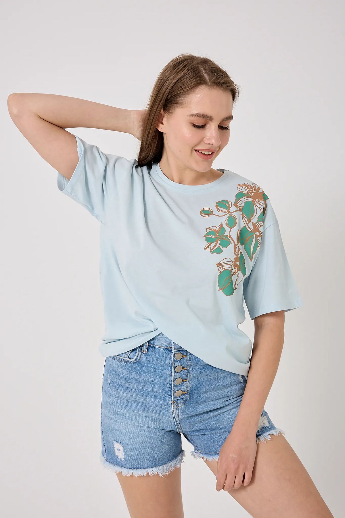 sernoy lomera SL4626 - Oversize Omuz Çiçek Baskılı T-Shirt