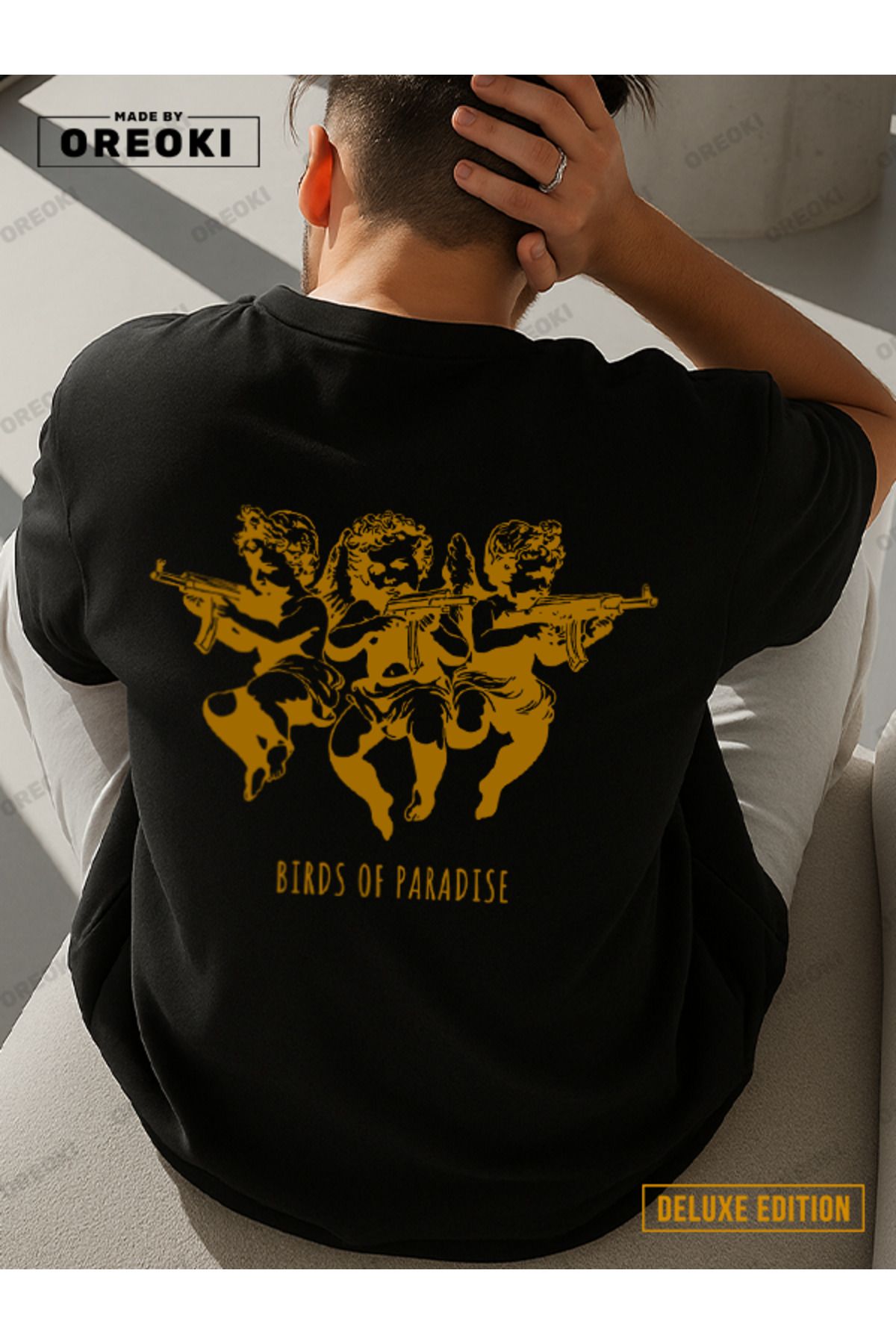 EFFRENATU Cennet Kuşları Baskılı DELUXE EDITION Pamuklu Kumaş Erkek Siyah T-shirt