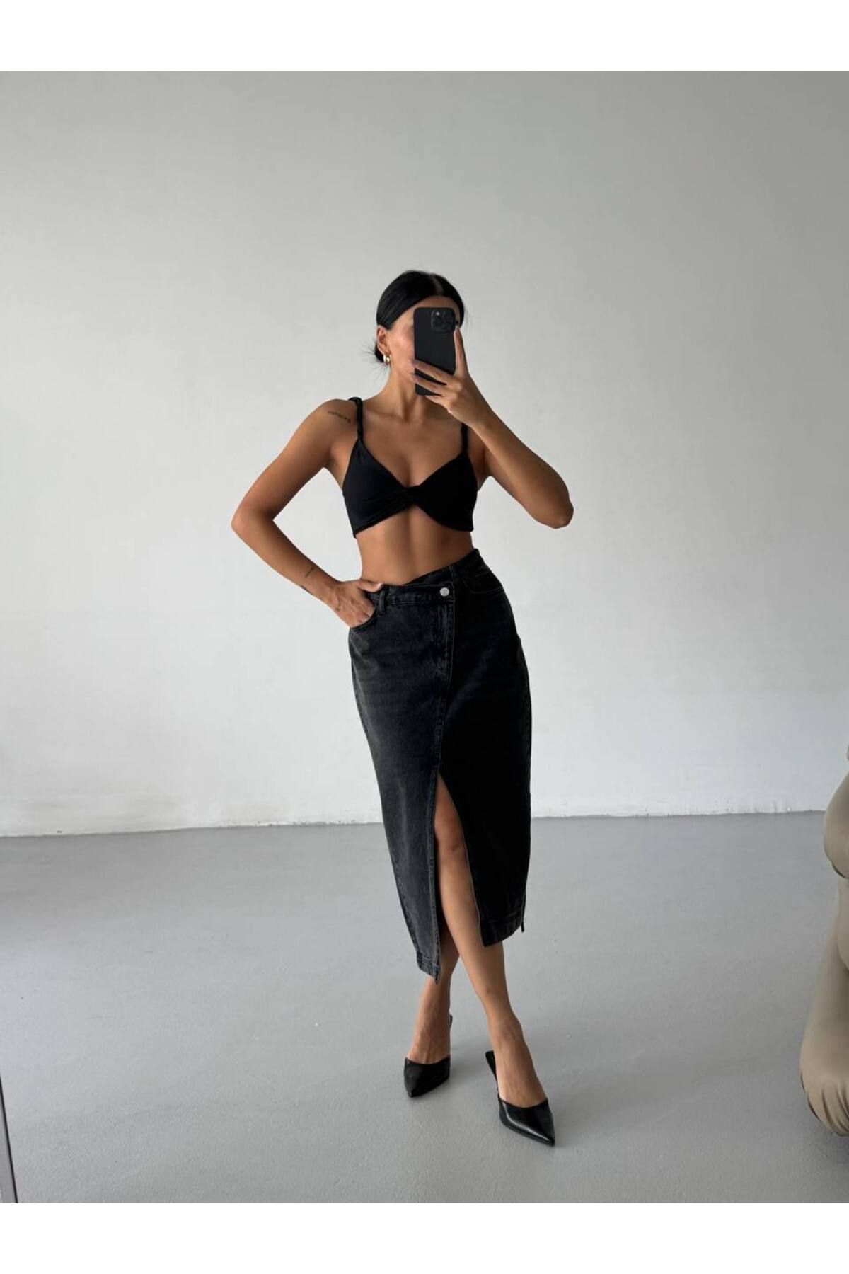 Castivo Fashion Asimetrik Patlı Ön Yırtmaçlı Yüksek Bel Denim Midi Kalem Etek