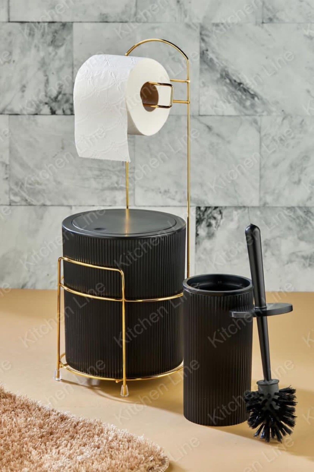 Aly Duru Home LÜX GOLD BANYO TUVALET KAĞITLIĞI ÇÖP KOVASI TUVALET FIRÇASI 3LÜ SET 6 LİTRE PASLANMAZ TEL