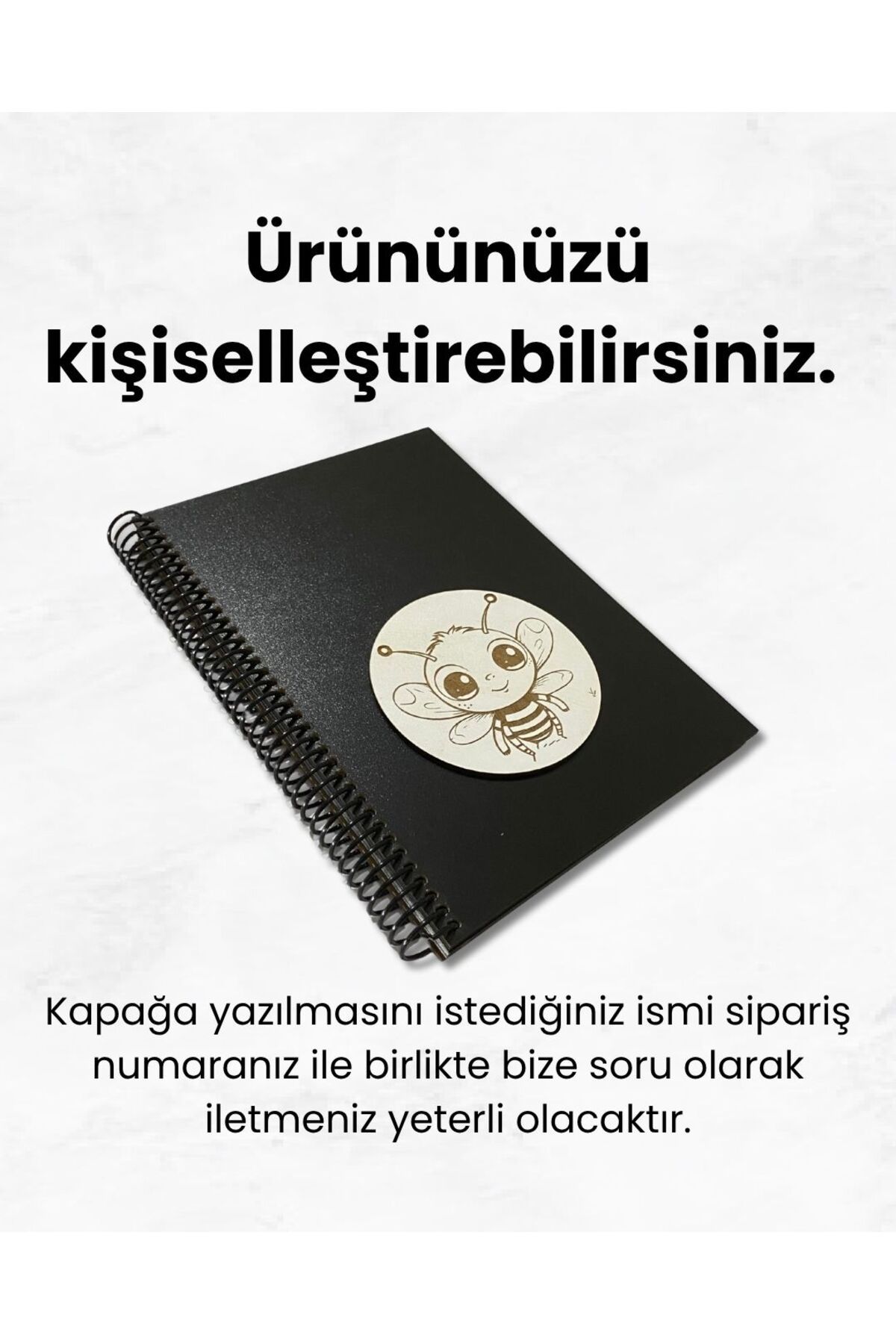 Tasarım Siyah Defter Sevimli Arı Figürlü Ahşap Kapaklı Siyah Yapraklı Defter - Anı, Albüm, Şiir Defteri