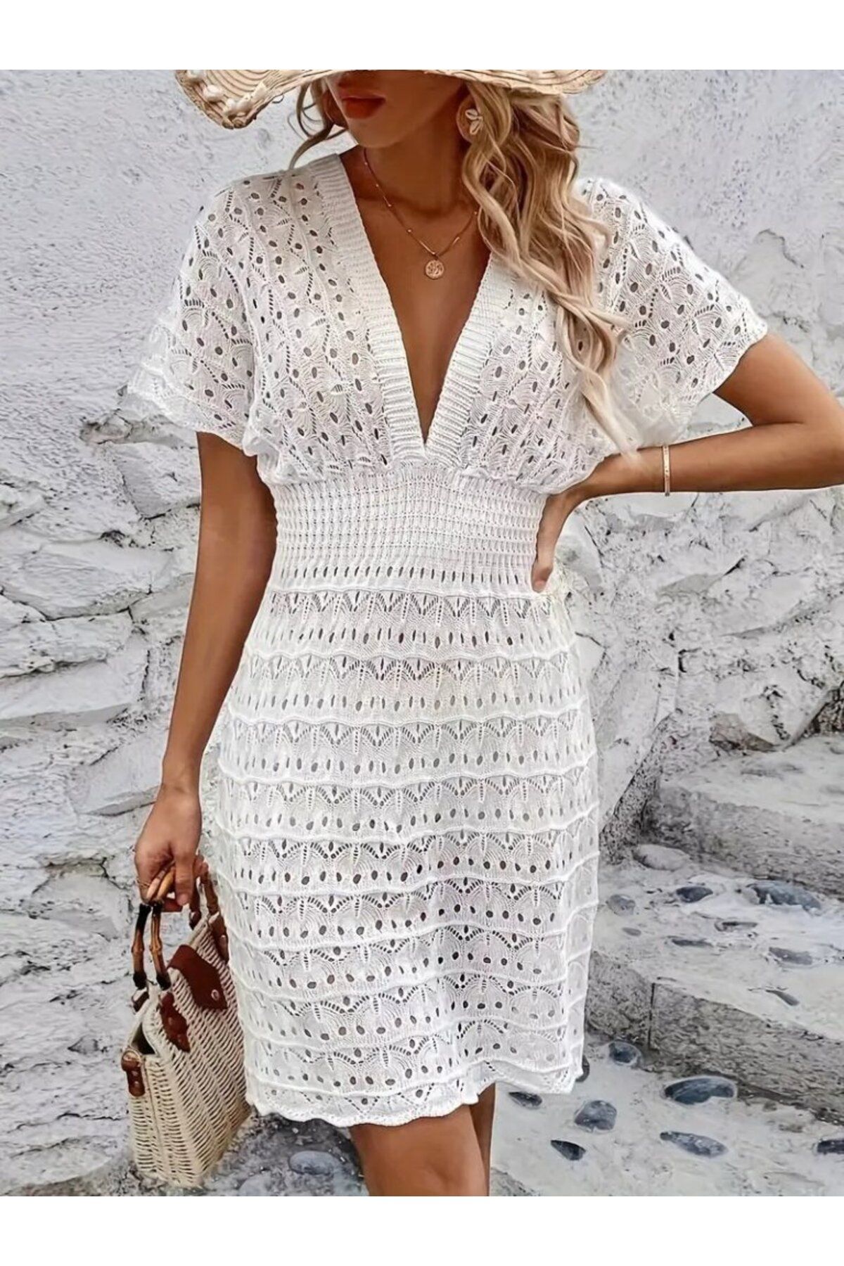 Femella Women Fashion Kadın Kısa Kollu V Yakalı örme Triko Elbise