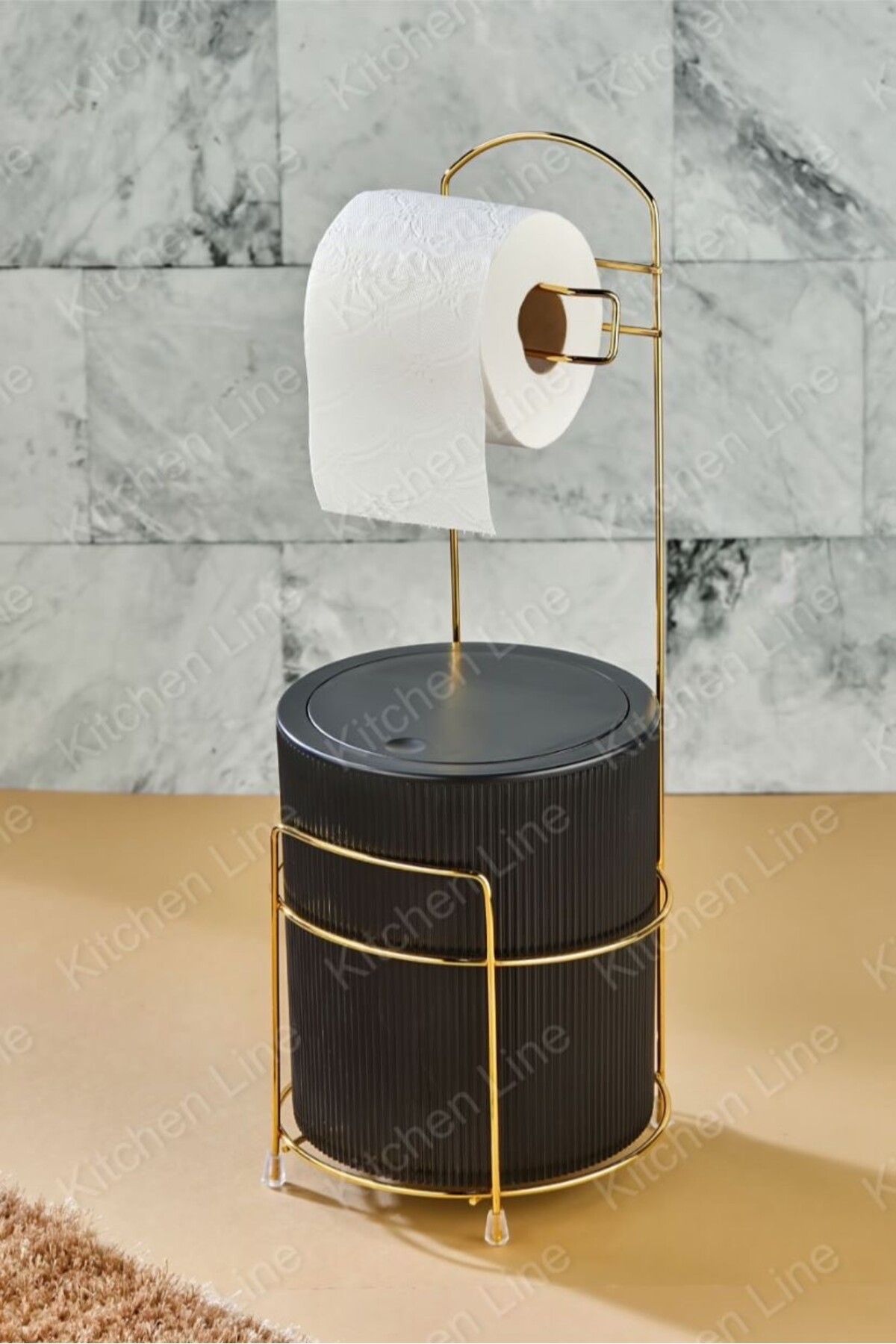 Aly Duru Home LÜX GOLD BANYO WC TUVALET KAĞITLIĞI ÇÖP KOVASI TAKIM PLASTİK KOVA 6 LİTRE PASLANMAZ TEL