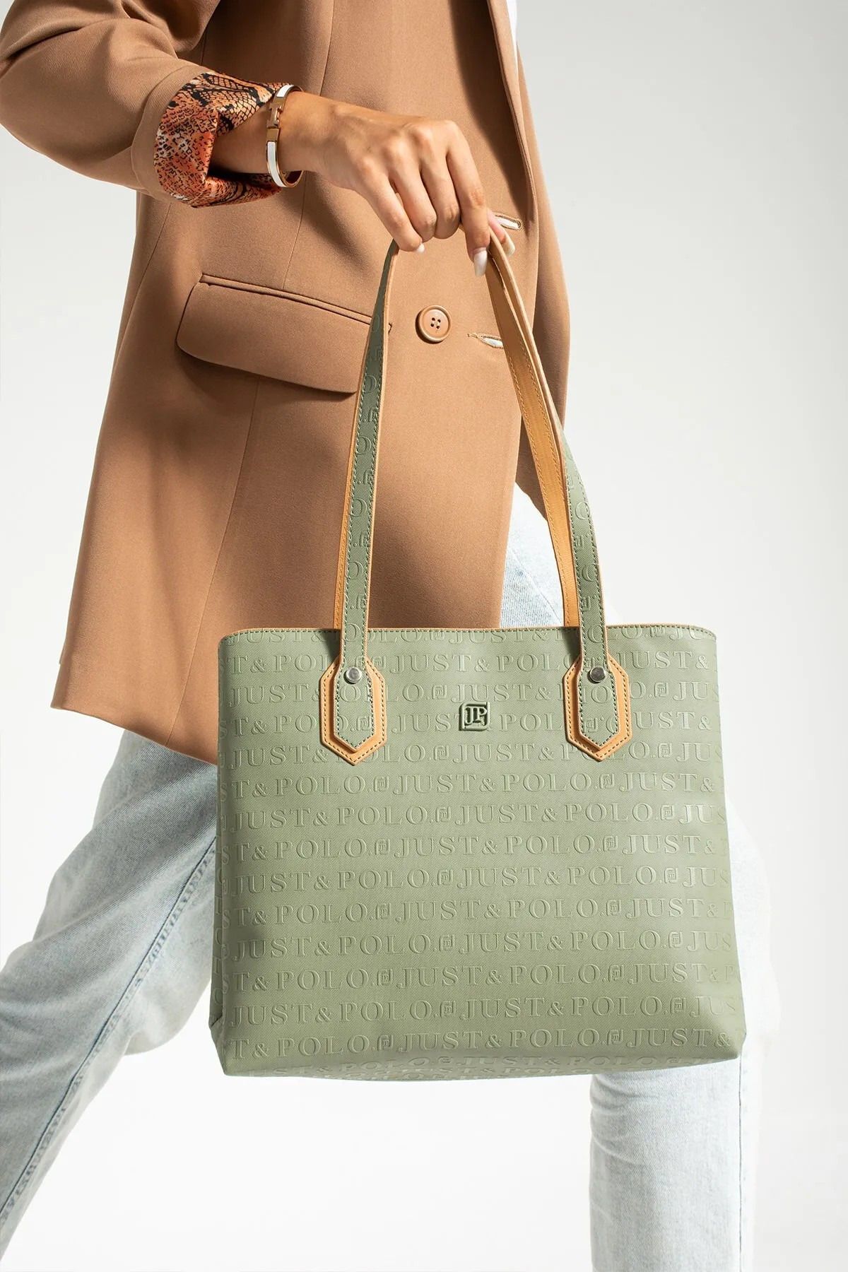 Just Polo Kadın Yeşil Camel Kabartma Baskılı El Çantası 344028PC
