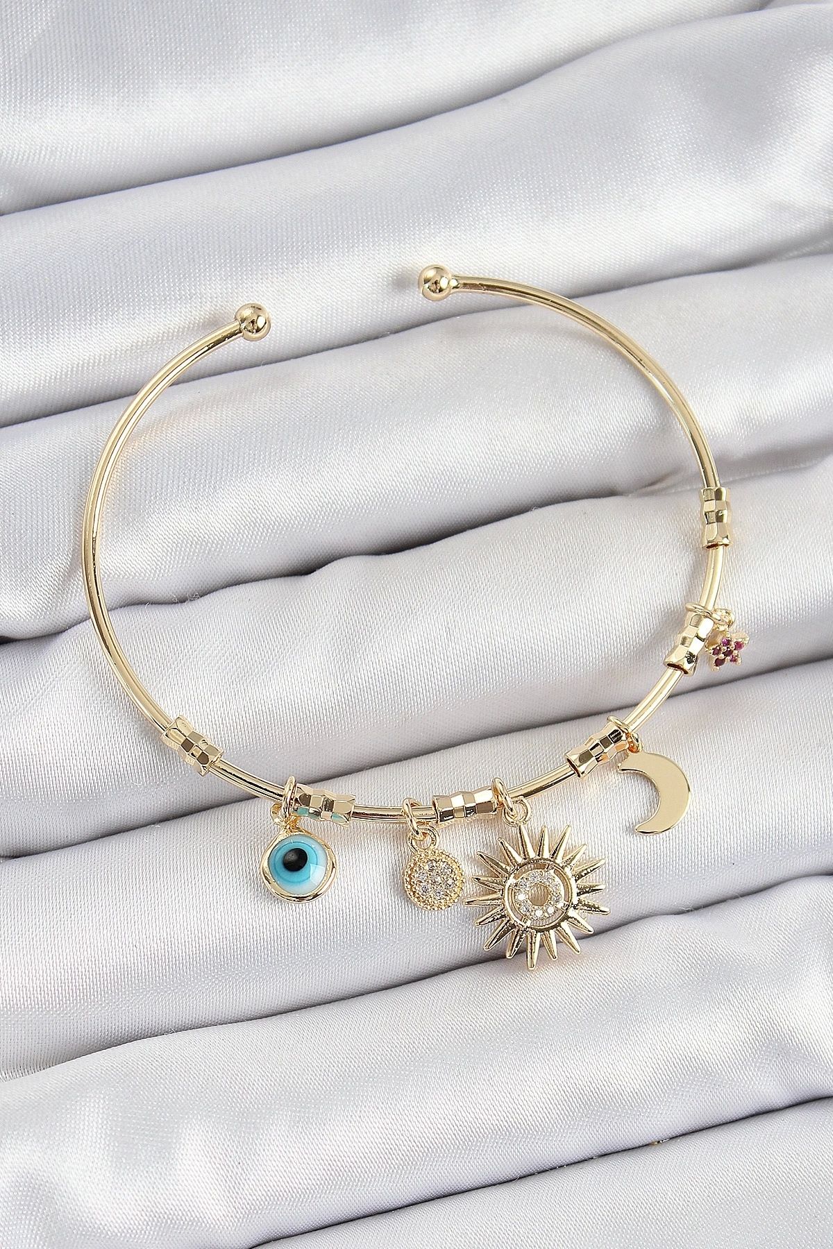 GLIMMERY Pirinç Zirkon Taşlı Güneş Ay Nazar Model Gold Renk Charm Bileklik
