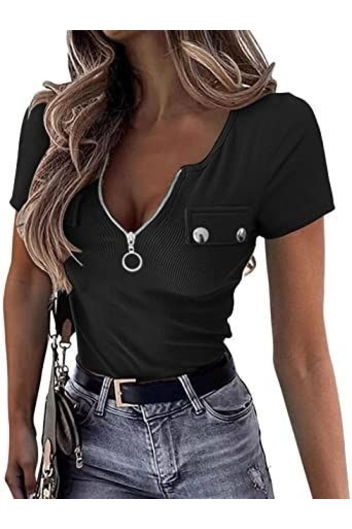 ceylinmoda Kadın Kısa Kollu Fermuarlı Cep Detay Kaşkorse Bluz