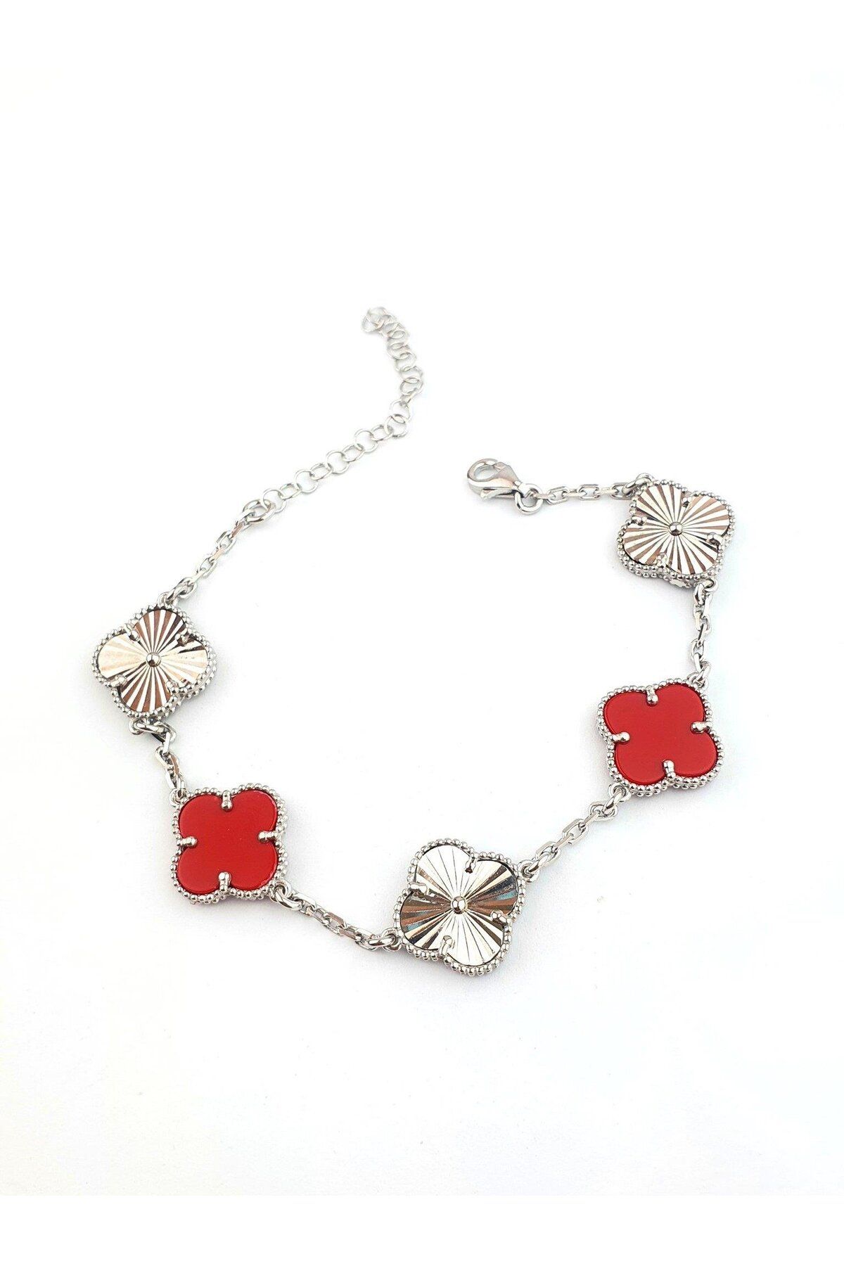OSESHOP Kırmızı Mercan Taşlı Trend 925 ayar Gümüş Yonca Bileklik