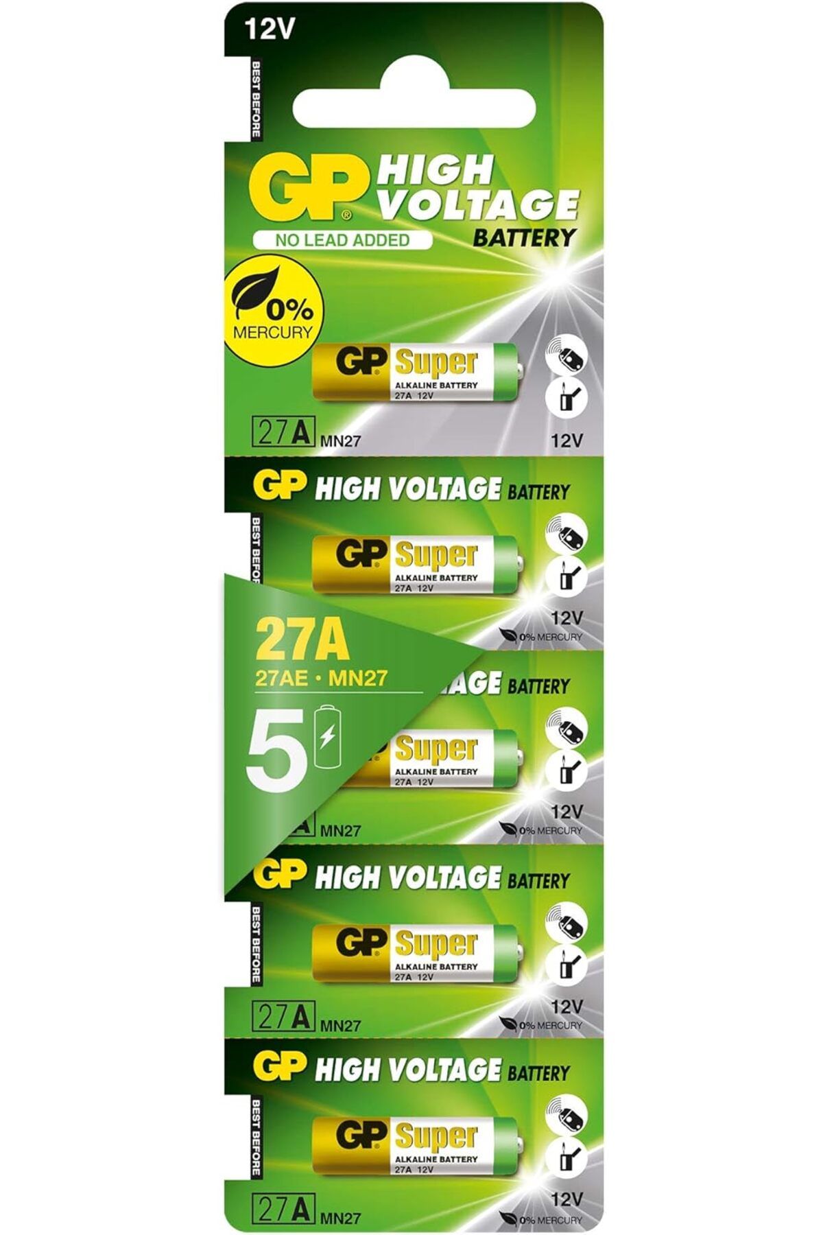 Mena Rise TuonShop Batteries 27A Süper Alkalin 27A/Mn27 Boy Pil, 12 Volt, 5'Li Kart 1122991