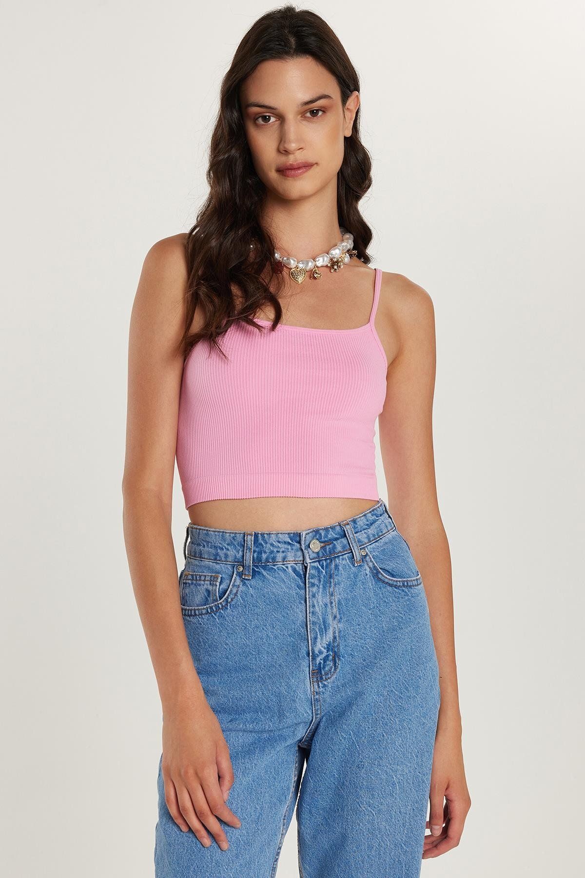 Tudors Kadın Slim Fit Dar Kesim İnce Askılı U Yaka Pembe Atlet