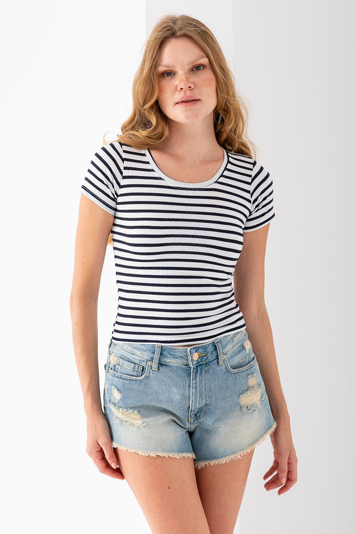 GİYSA Kadın Bisiklet Yaka Çizgili Basic Body Lacivert - 25509