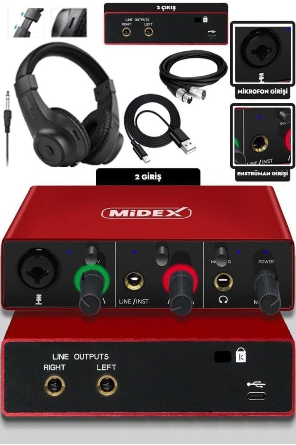 Mena Rise TuonShop GLX-500 PRO-HD 2 Giriş 2 Çıkış USB Stüdyo Ses Kartı Kulaklık ve XLR Kablo 1122991