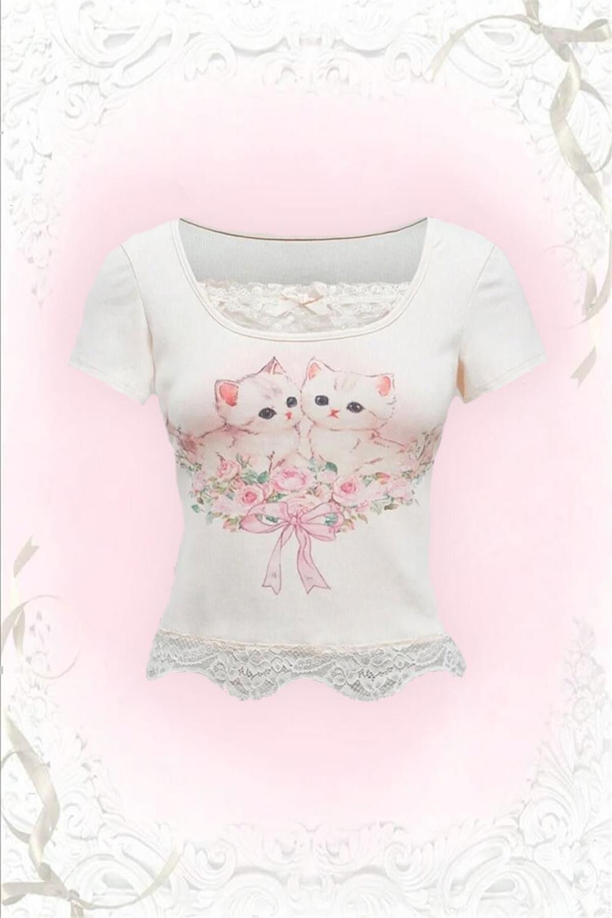 Karakedi Beyaz Kawaii Cat Dantel Detaylı Y2K Kısa Kollu Crop