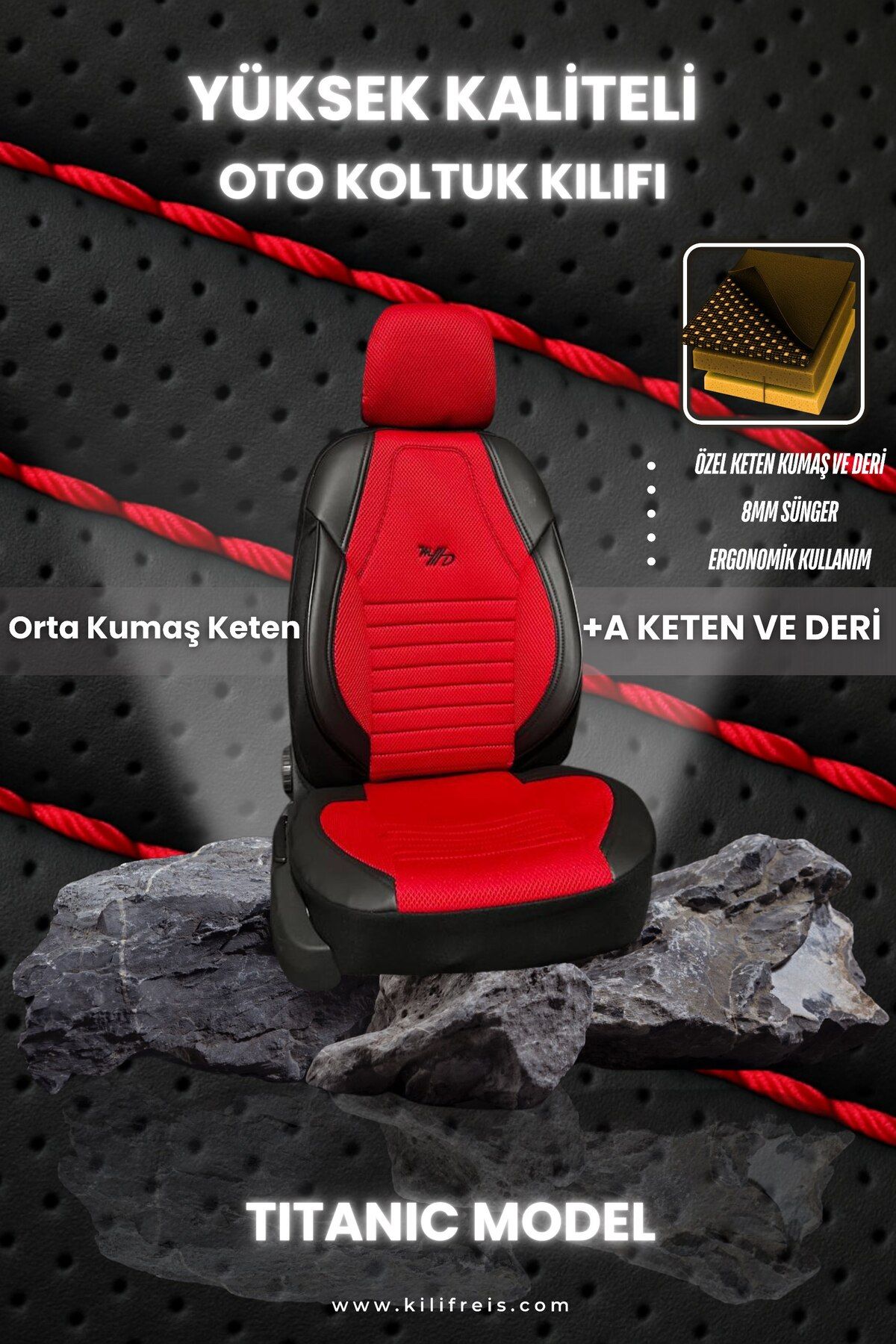 KILIFREİS FERRARI MODEL TERLETMEZ KIRMIZI RENK SIYAH DERİ KOLTUK KILIFI & Ön Arka 5 Koltuk Tam Set