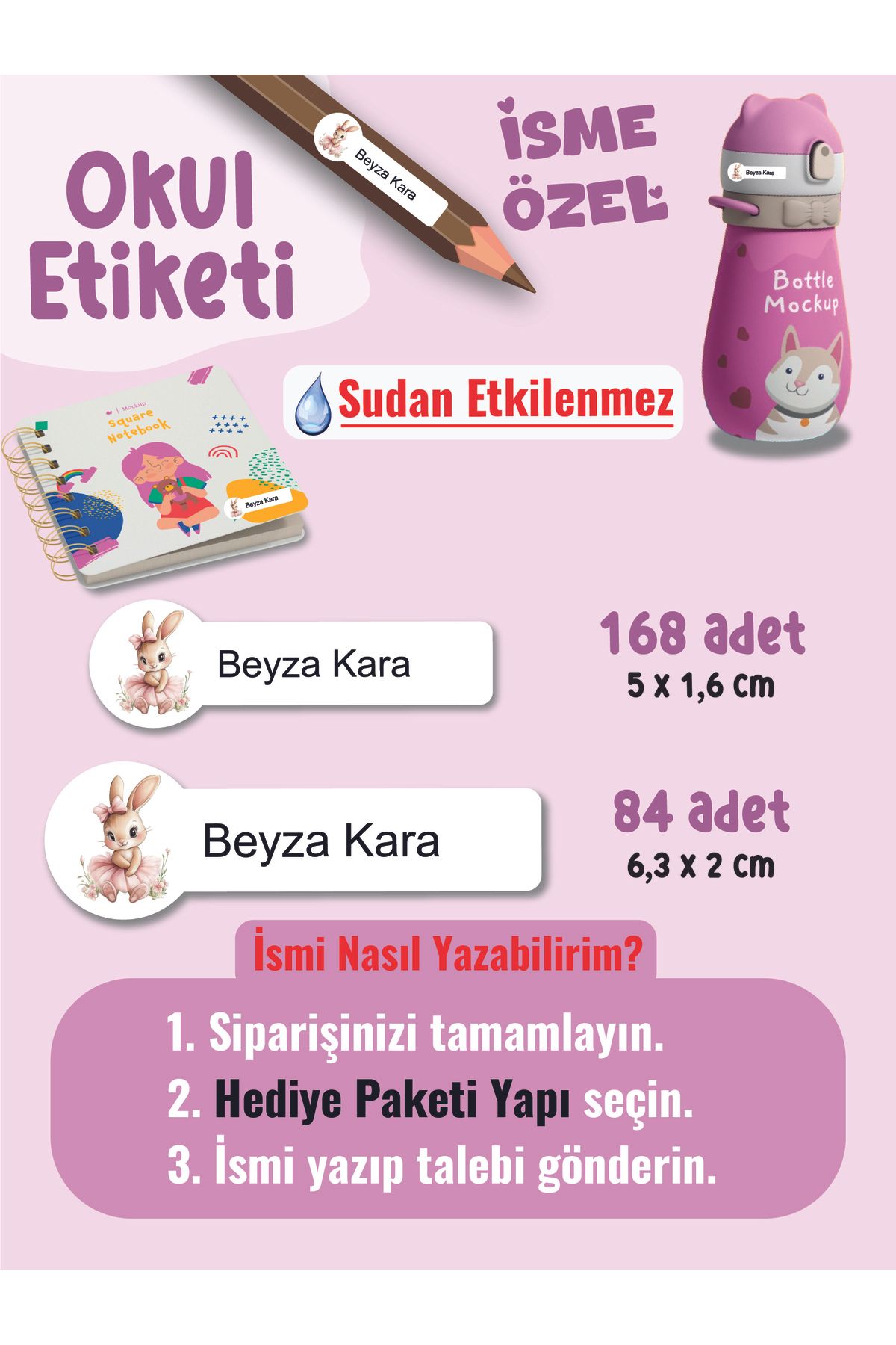 YUNUS COPY Okul Etiketi Kalem Defter Etiketi Sevimli Bebek Temalı Özel İsim Yazılabilen Etiket - 252Adet