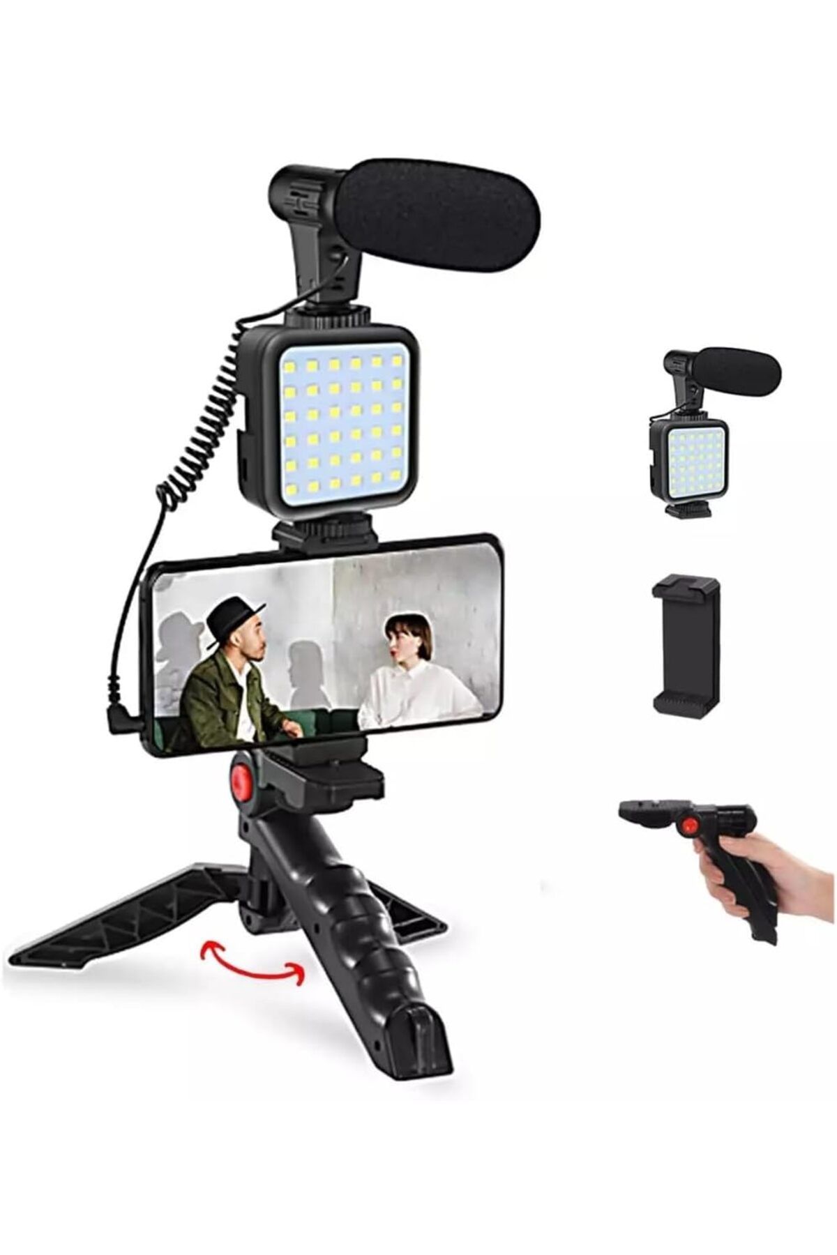 Mena Rise-مجموعة Diyar-ıFırsatShop ميكروفون يتم التحكم فيه، وإضاءة LED، وحامل ثلاثي صغير - تسجيل فيديو مدونة الهاتف A 1
