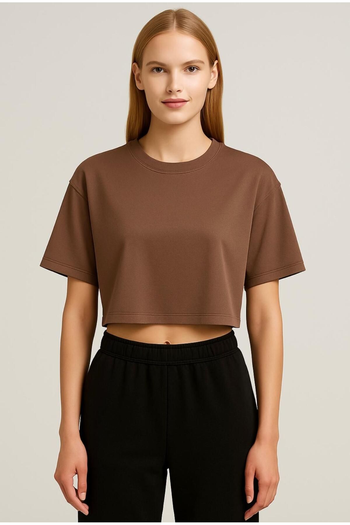 AXXEL Kadın Açık Kahve Kısa Kollu Oversize T-shirt-d814