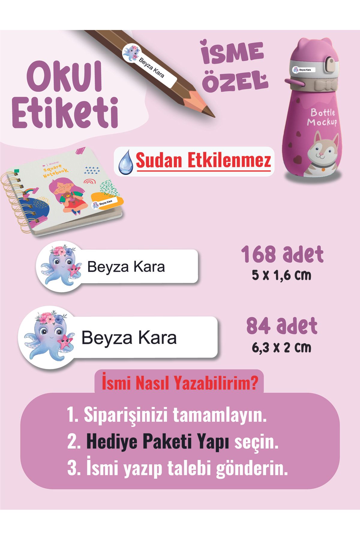 YUNUS COPY Okul Etiketi Kalem Defter Etiketi Deniz Canlıları Temalı Özel İsim Yazılabilen Etiket - 252Adet