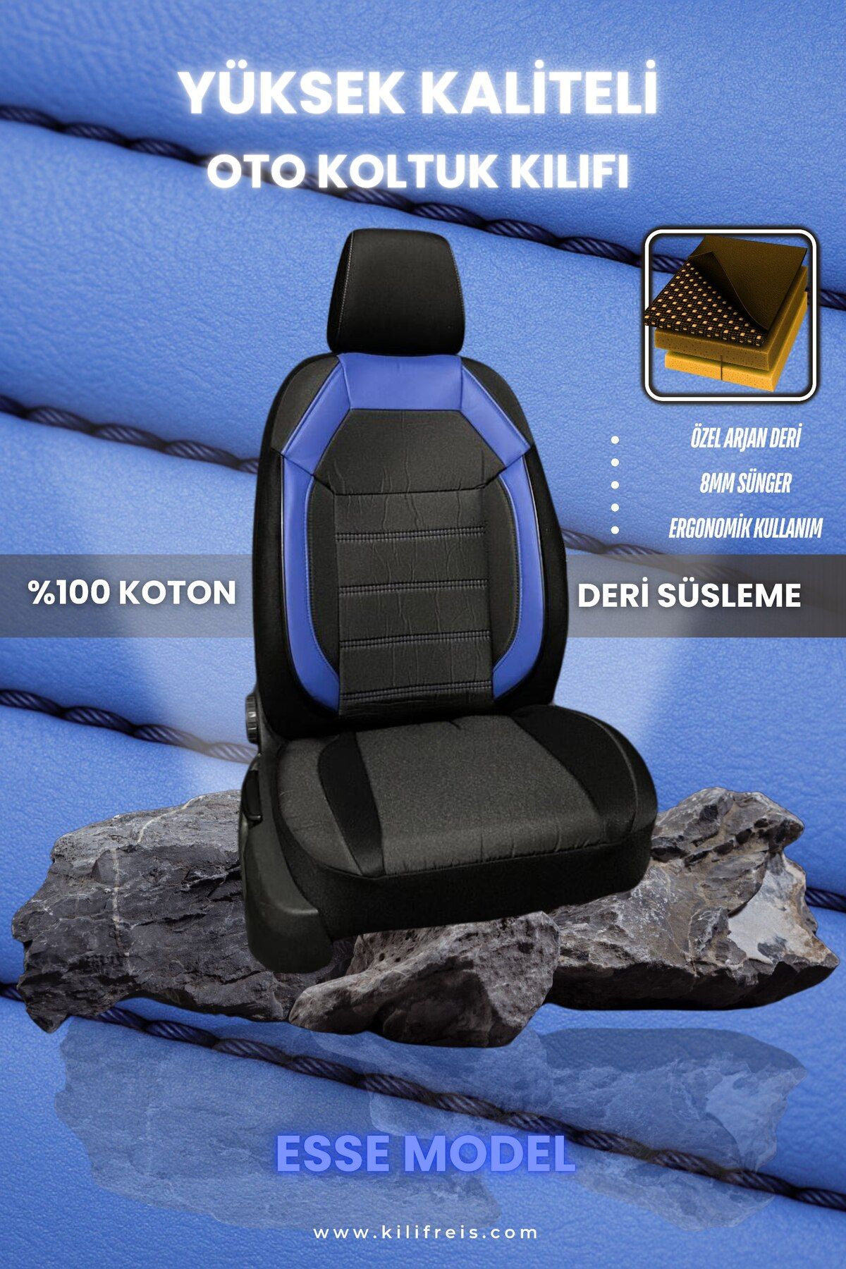 MOD10 ESSE SİYAH KUMAŞ MAVİ DERİ KOLTUK KILIFI & Ön Arka 5 Koltuk Tam Set