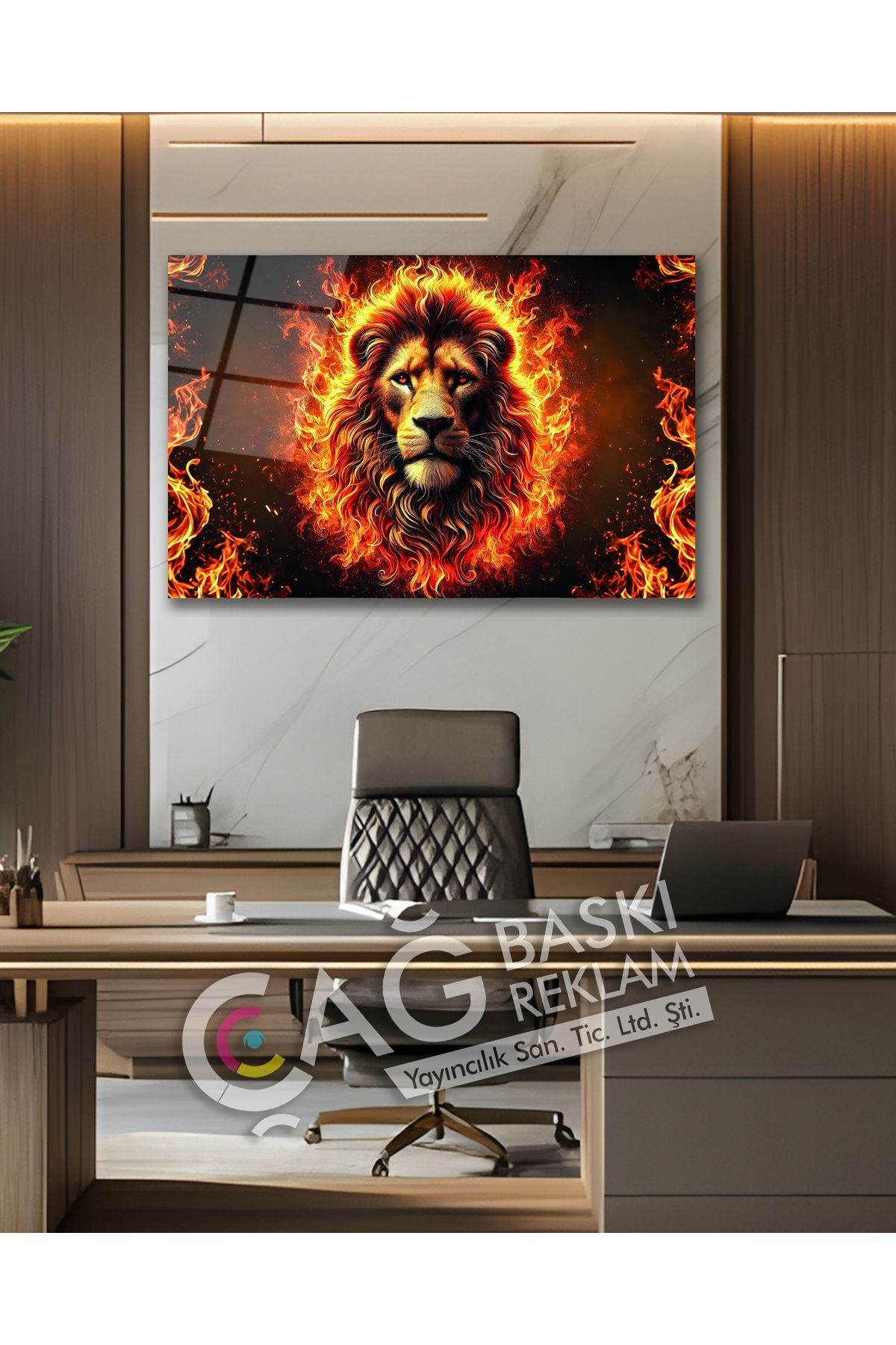 Çağ Baskı Aslan Kral Avcı Yırtıcı Alev Ateş Cam Tablo Modern Ev Ofis Salon Duvar Oda Dekoru Hediyelik