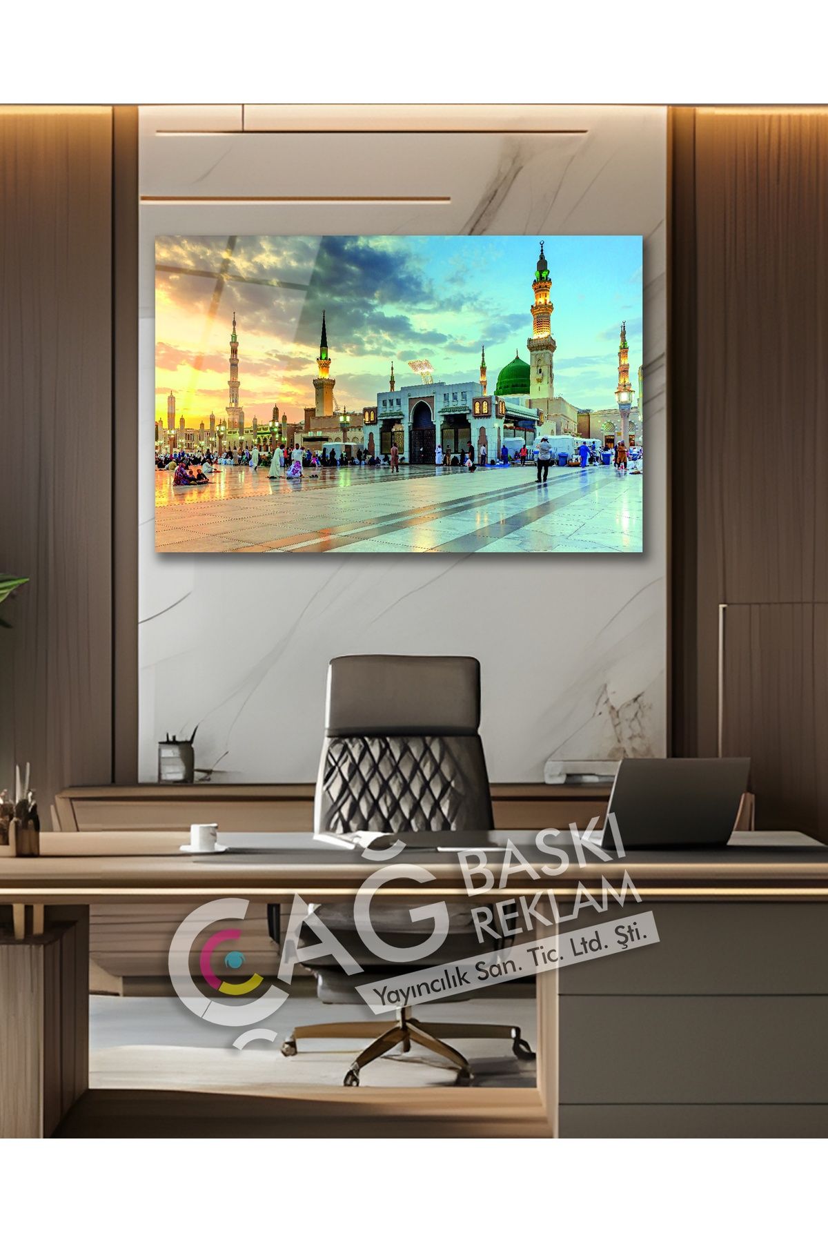 Çağ Baskı Medine Mescid-i Nebevi İslami Dini Cam Tablo Modern Ev Ofis Salon Oda Duvar Dekoru Hediyelik