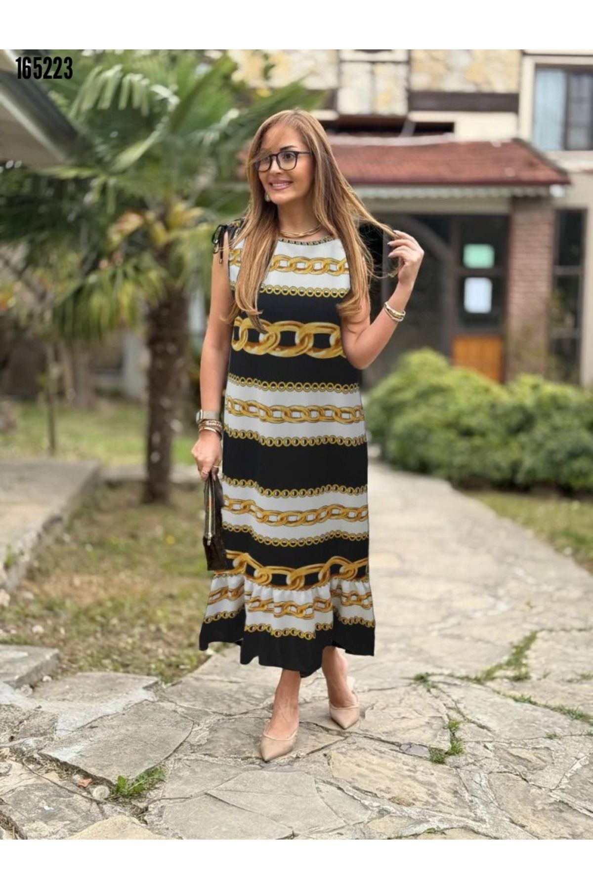 Modayakamoz Kadın Janjan Krep Elbise Kayık Yaka Fırfırlı Omuzdan Büzgülü Model
