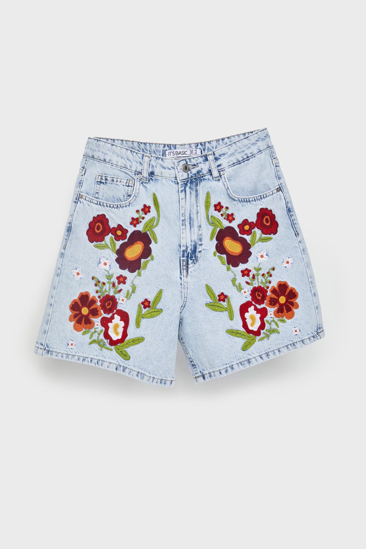 its basic Kadın Ice Kot Rengi 3s5-3 Kırmızı Çiçek Nakışlı Midi Boy %100 Koton Rahat Kesim Tasarım Denim Şort
