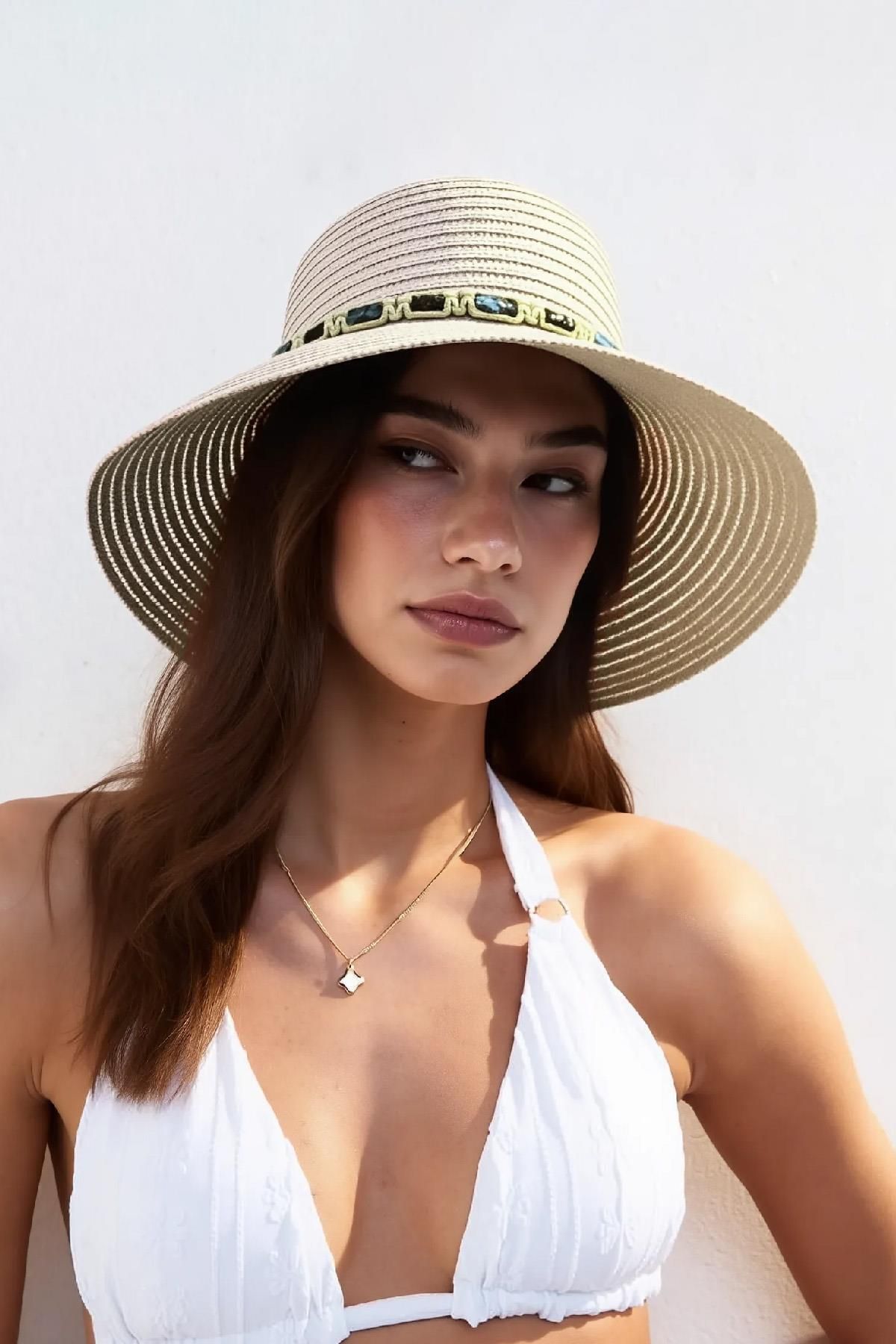 Külah Kadın Boho İşlemeli Hasır Şapka - Bej