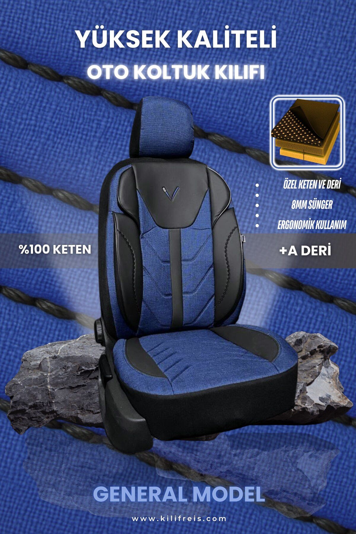 KILIFREİS GENERAL SERİSİ - MAVİ KETEN KOLTUK KILIFI & Ön Arka 5 Koltuk Tam Set