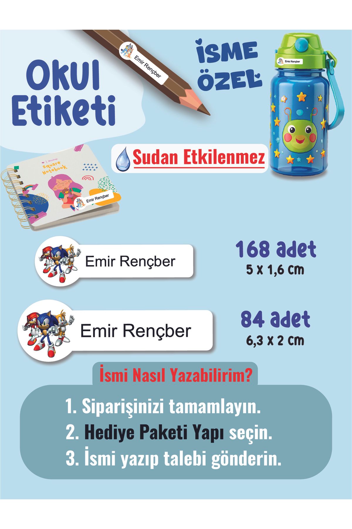 YUNUS COPY Okul Etiketi Kalem Defter Etiketi Sonik Temalı Özel İsim Yazılabilen Etiket - 252Adet