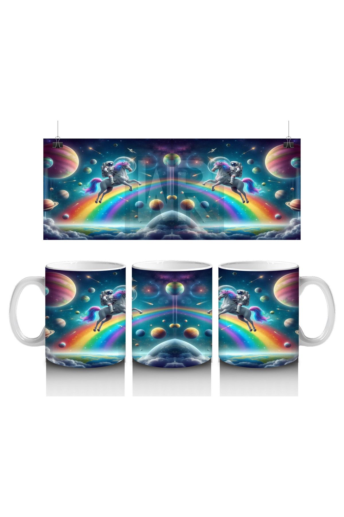 Wisdom Rain Çocuklara Sütü Sevdiren Uzayda Gökkuşağı ve Astronot Unicorn Desenli Kupa Bardak