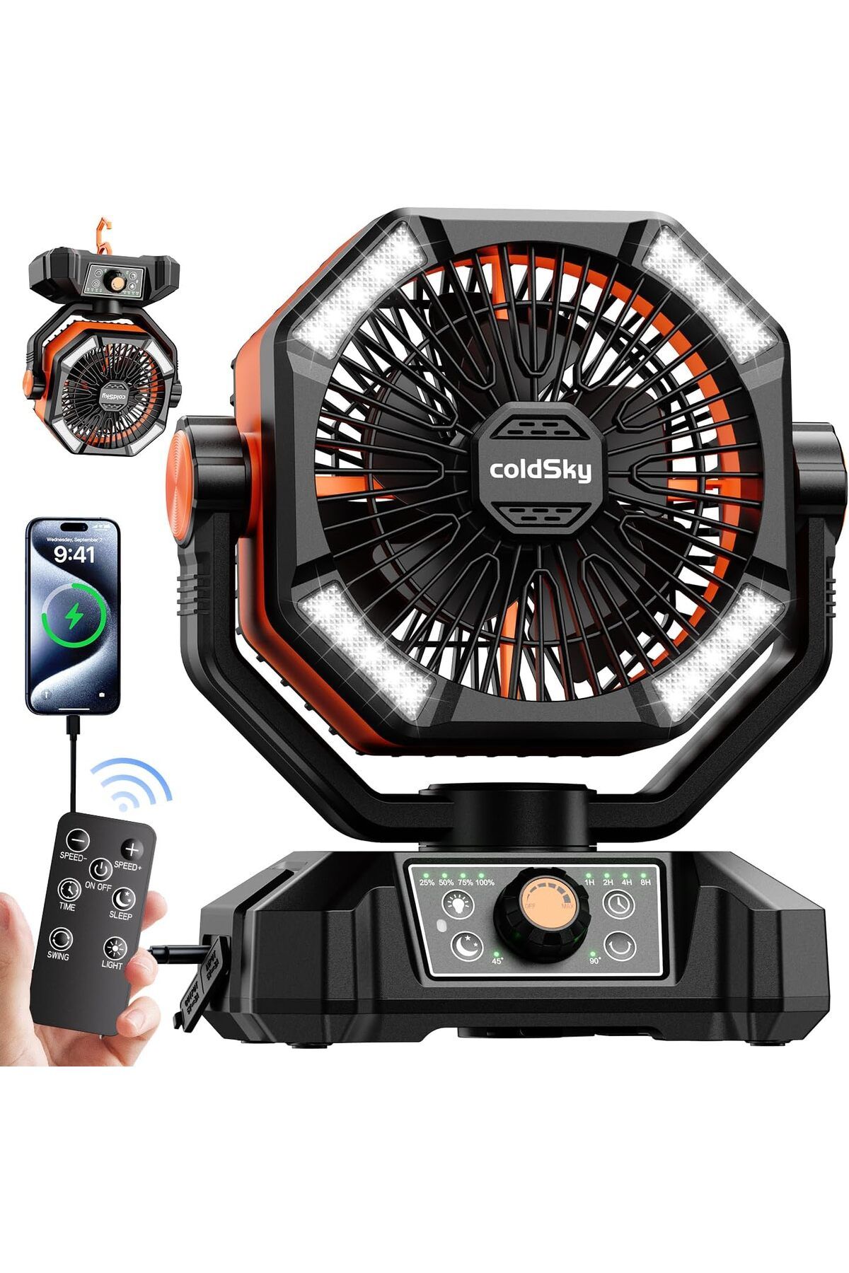 COLDSKY 20000mAh Kamp Fanı Çift Motorlu, 4 LED Fener, 8 Hız, Uzaktan Kumanda