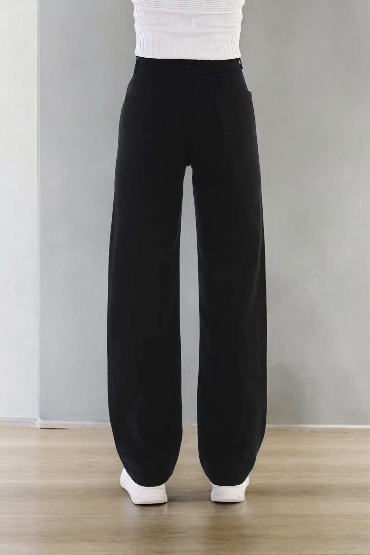 Livik Jade Genç Kız Siyah Yüksek Bel Likralı 10 Cepli Wide Leg Jean