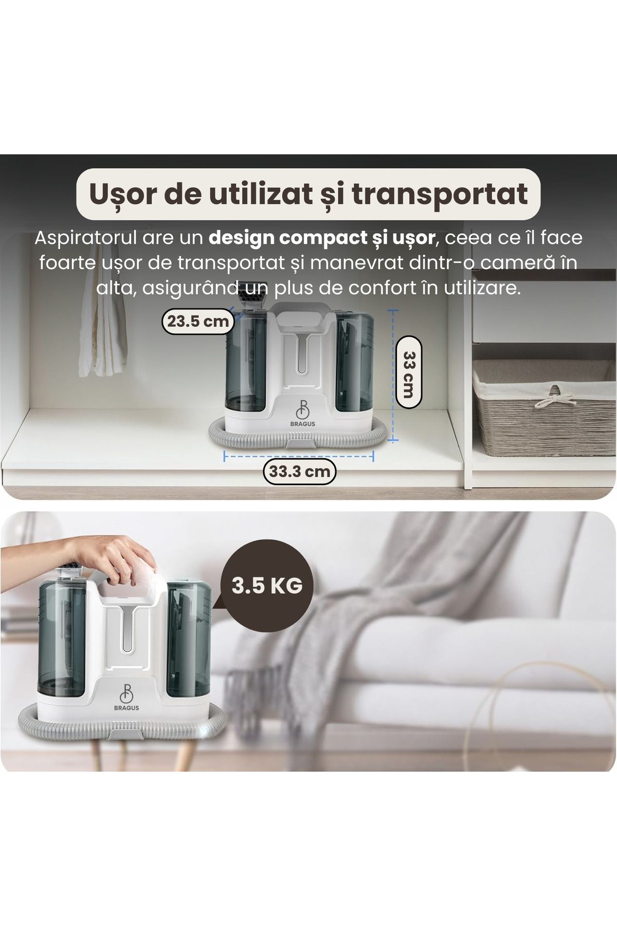 BRAGUS-Aspirator multifunctional, 12.000 Pa, injectie-extractie, rezervor apa 1.8L, 220V, 450 W, 75 dB, alb 5
