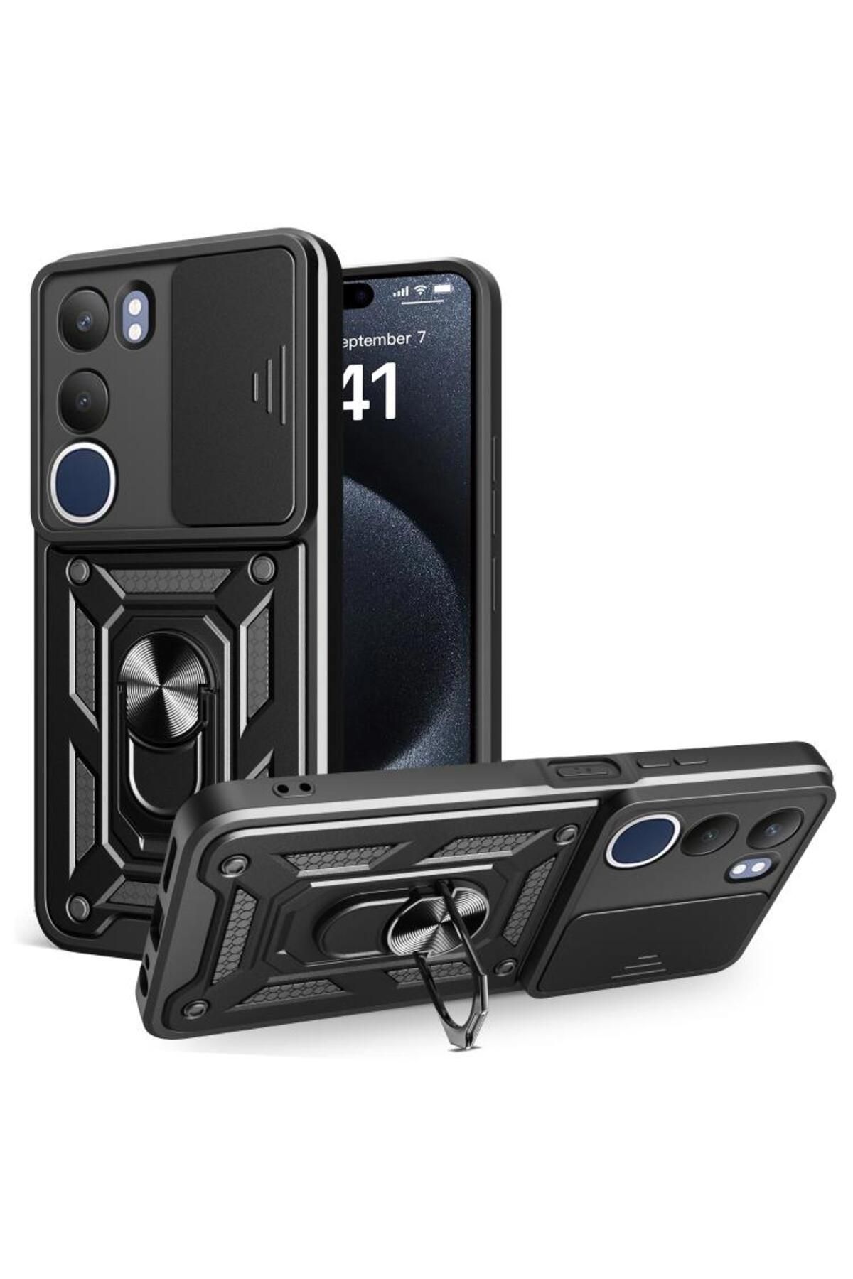 KılıfShop Vivo Y19S Kılıf Pars Yüzüklü Standlı Darbe Korumalı Siyah