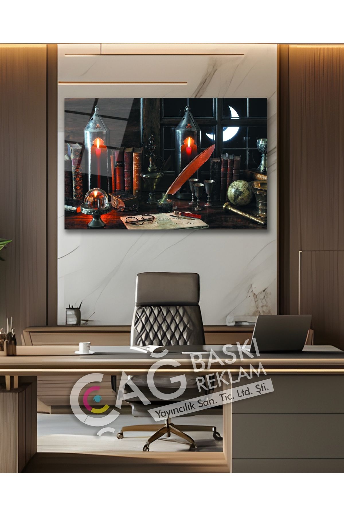 Çağ Baskı Kitaplık Çamışma Masası Okuma Cam Tablo Modern Ev Ofis Salon Oda Duvar Dekoru Hediyelik