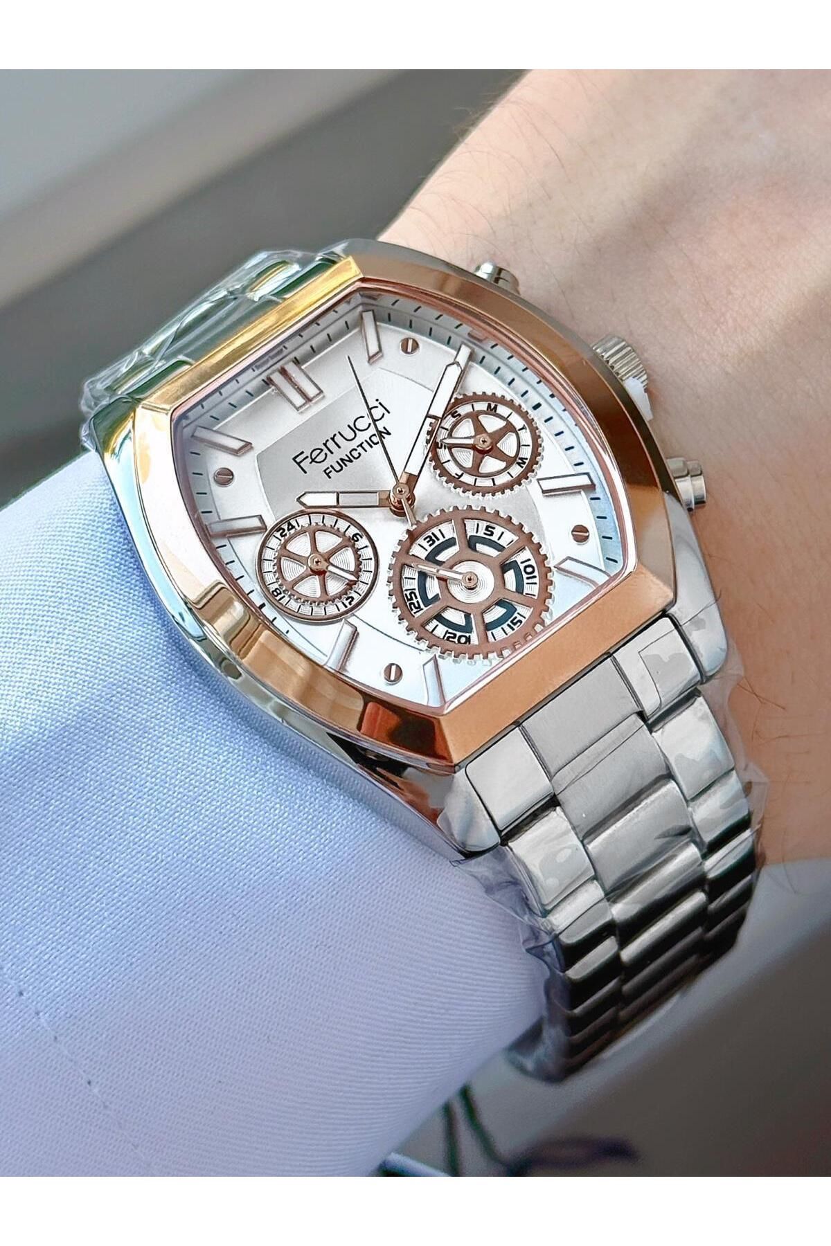 Ferrucci Erkek Gümüş Rose Fonksiyonları Aktif Geometrik Kasa,Metal Kordon Kol Saati