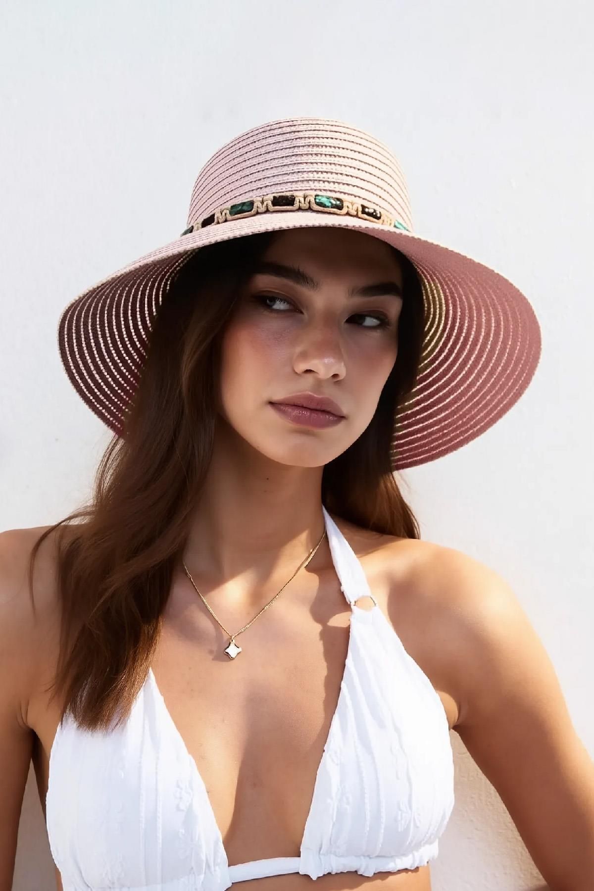 Külah Kadın Boho İşlemeli Hasır Şapka - Pembe