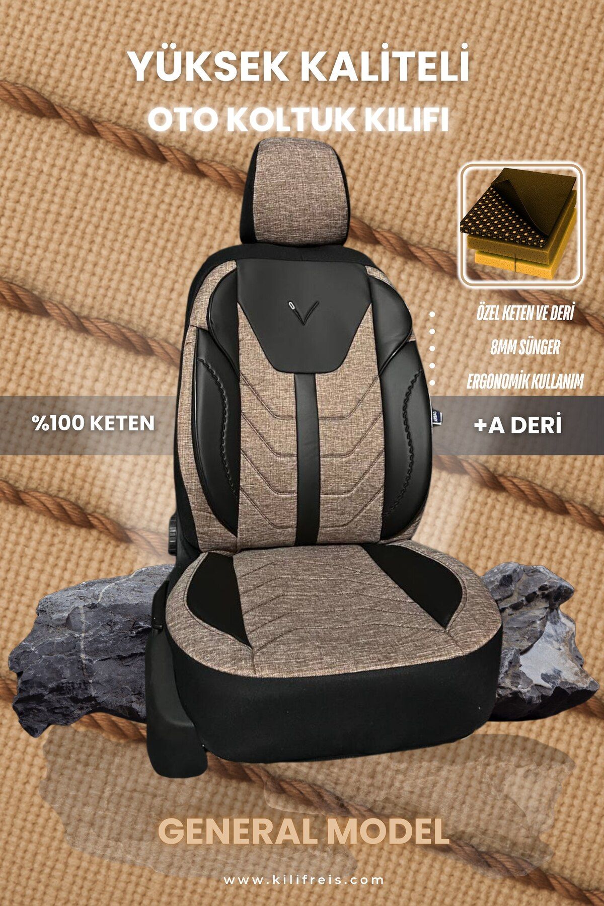 KILIFREİS GENERAL SERİSİ - KAHVERENGİ RENK KOLTUK KILIFI & Ön Arka 5 Koltuk Tam Set