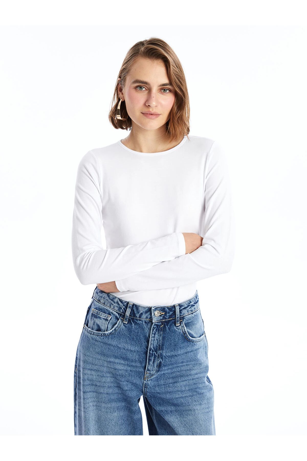 LC Waikiki LCWAIKIKI Basic Beyaz Bisiklet Yaka Kadın Body