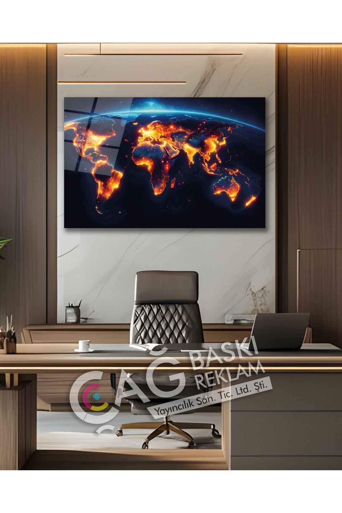 Çağ Baskı Işıklı Dünya Haritası Göz Alıcı Şık Cam Tablo Modern Ev Ofis Salon Duvar Oda Dekoru Hediyelik