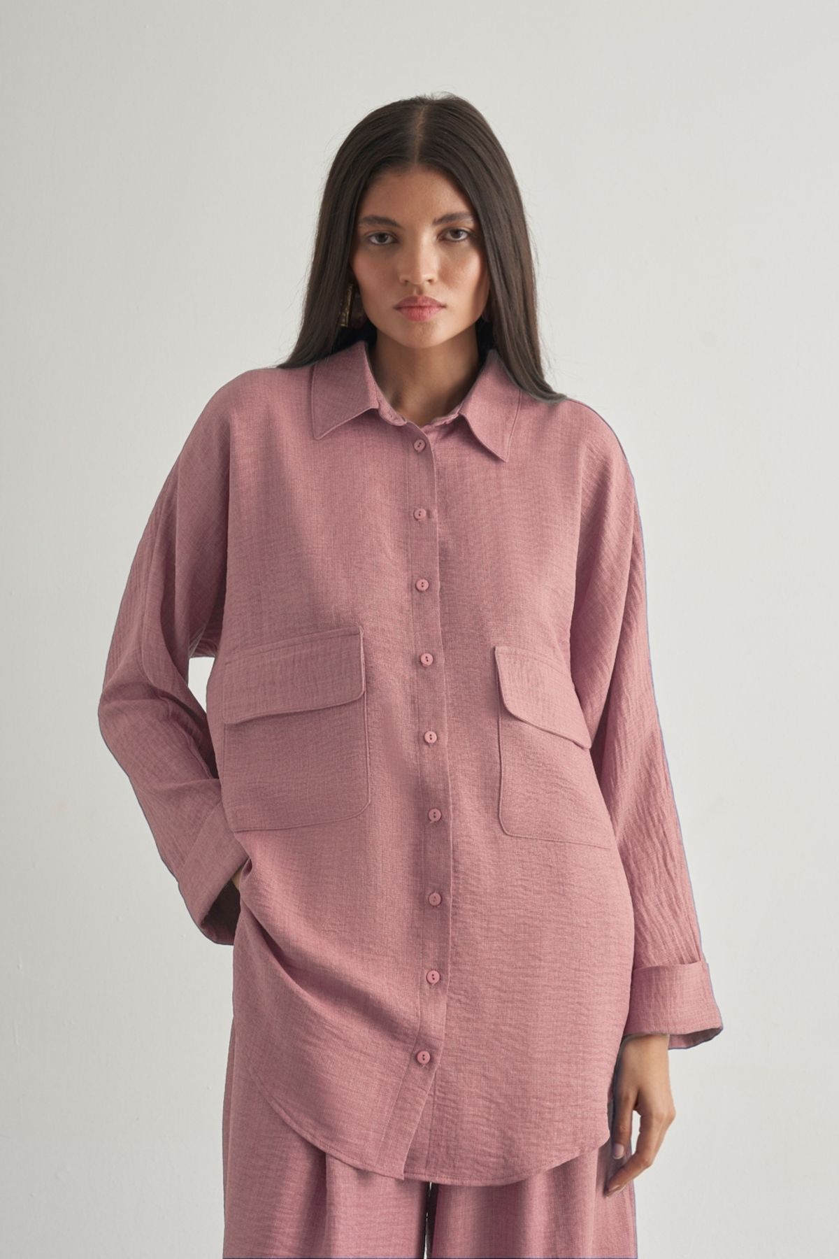 Mizalle Keten Dokulu Torba Cepli Pudra Pembe Tunik