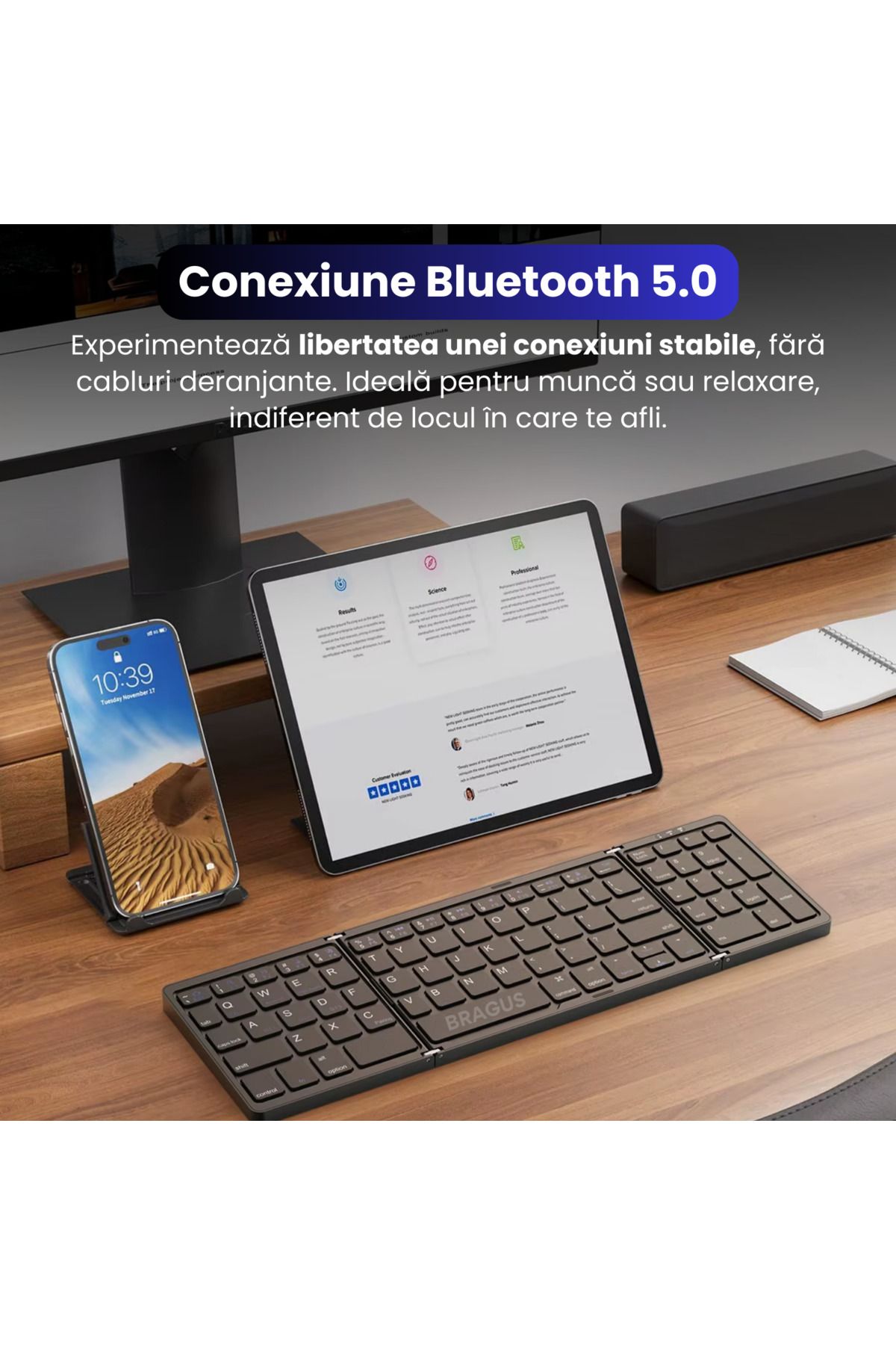 BRAGUS-Ultra-thin Foldable Keyboard, Compatible with Android, Ios, Smart TV, Numeric Keypad, Black 3