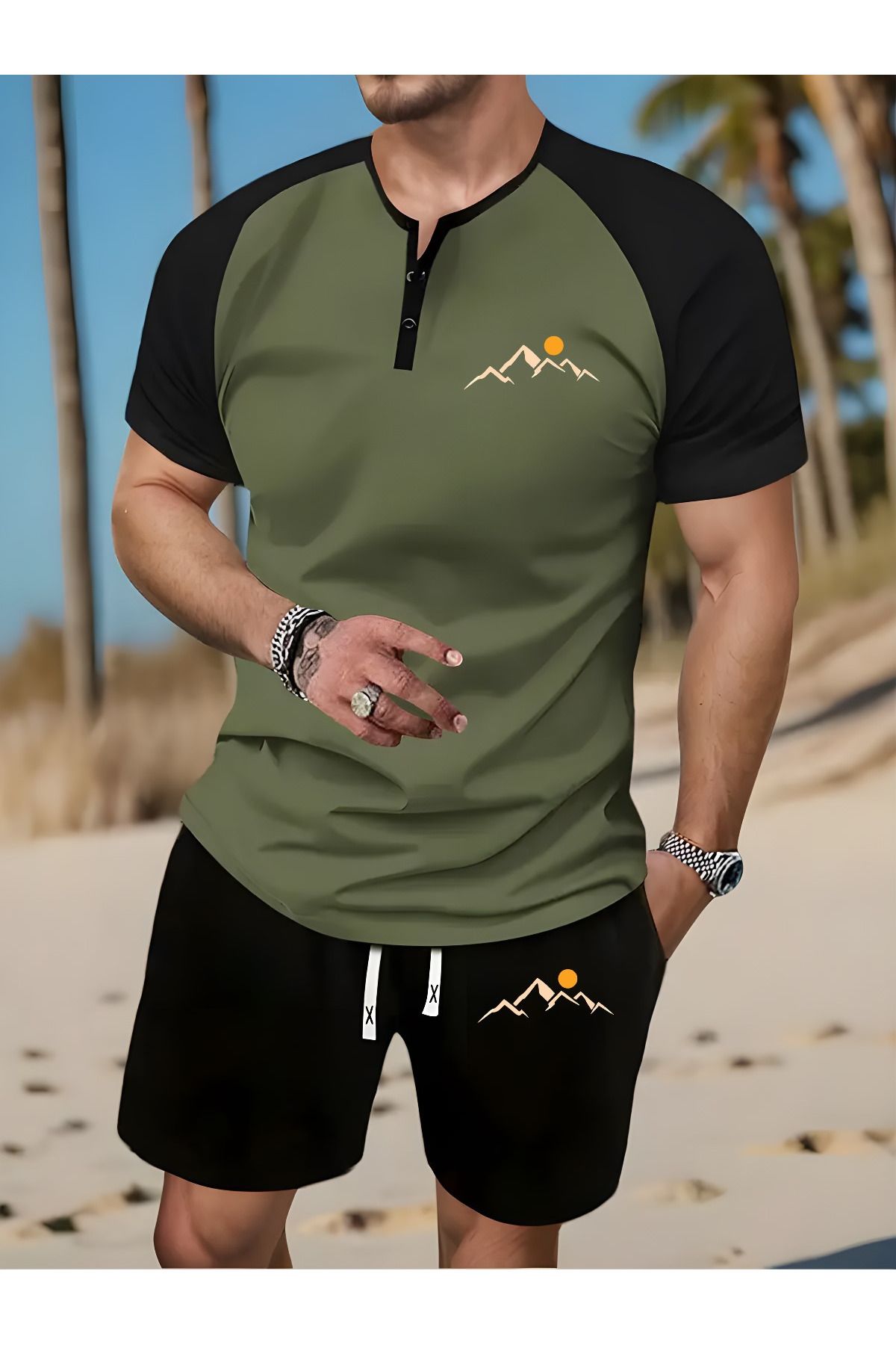 aynewmoda Erkek 2 Parça Kıyafet, Erkek Kısa Kollu Yuvarlak Yaka Henley Gömlek ve Basit Baskılı Şort