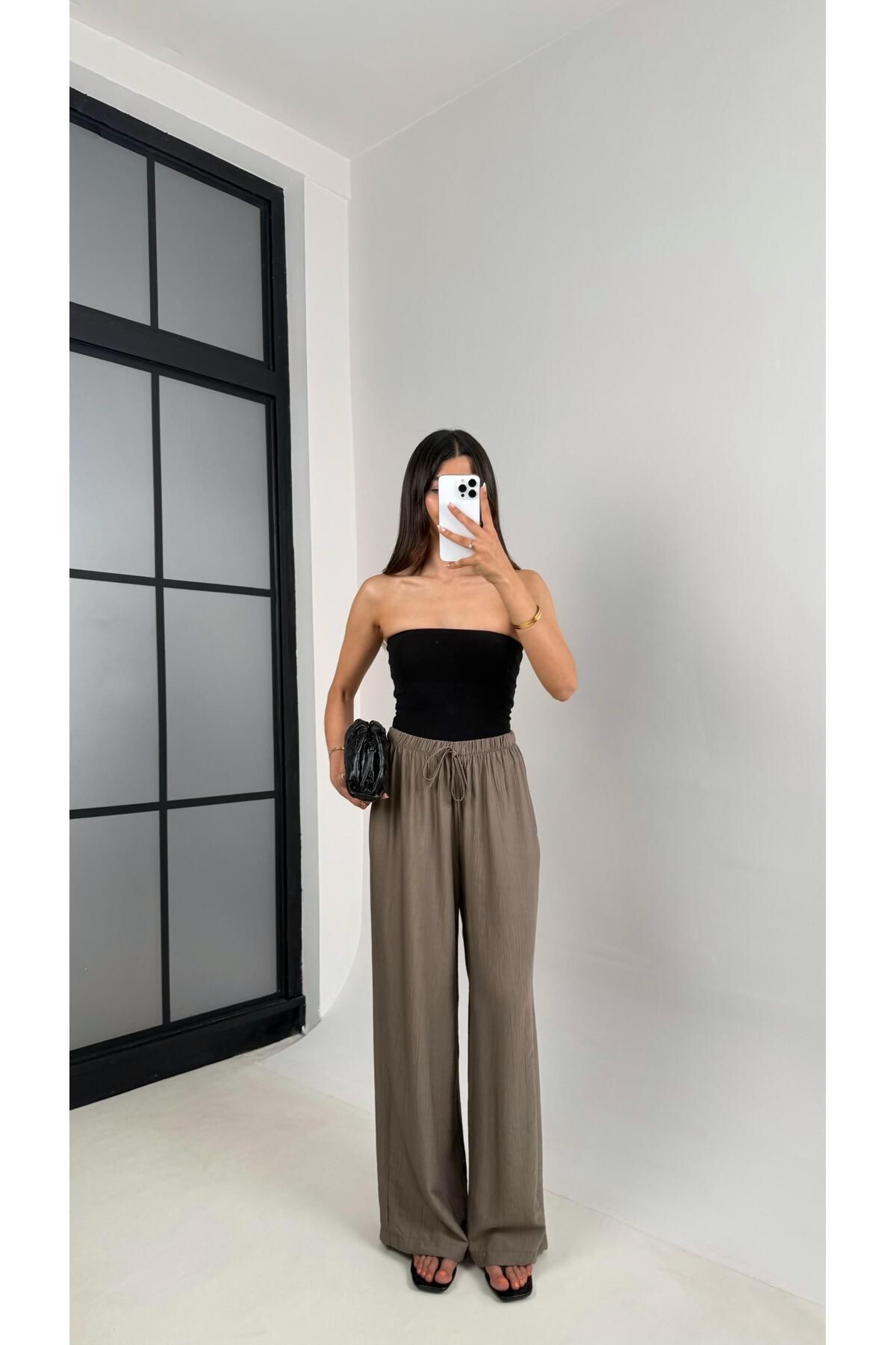 Gaus Kahve Beli Lastikli Çilek Kumaş Pantolon Gaus00571