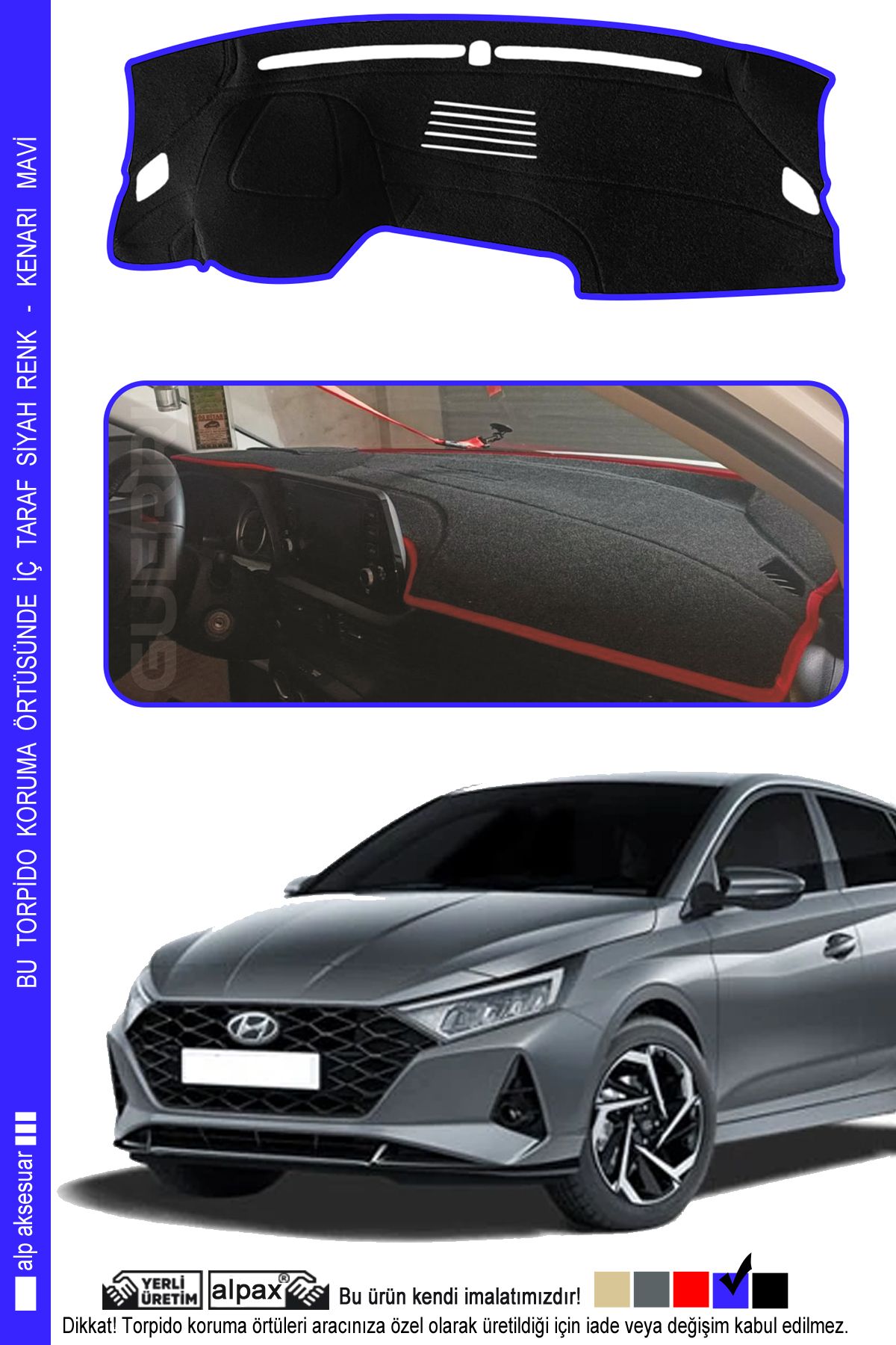 Alpax Hyundai i20 2020+ Modele Özel Üretim Torpido Koruma Halısı - Kenarı Mavi